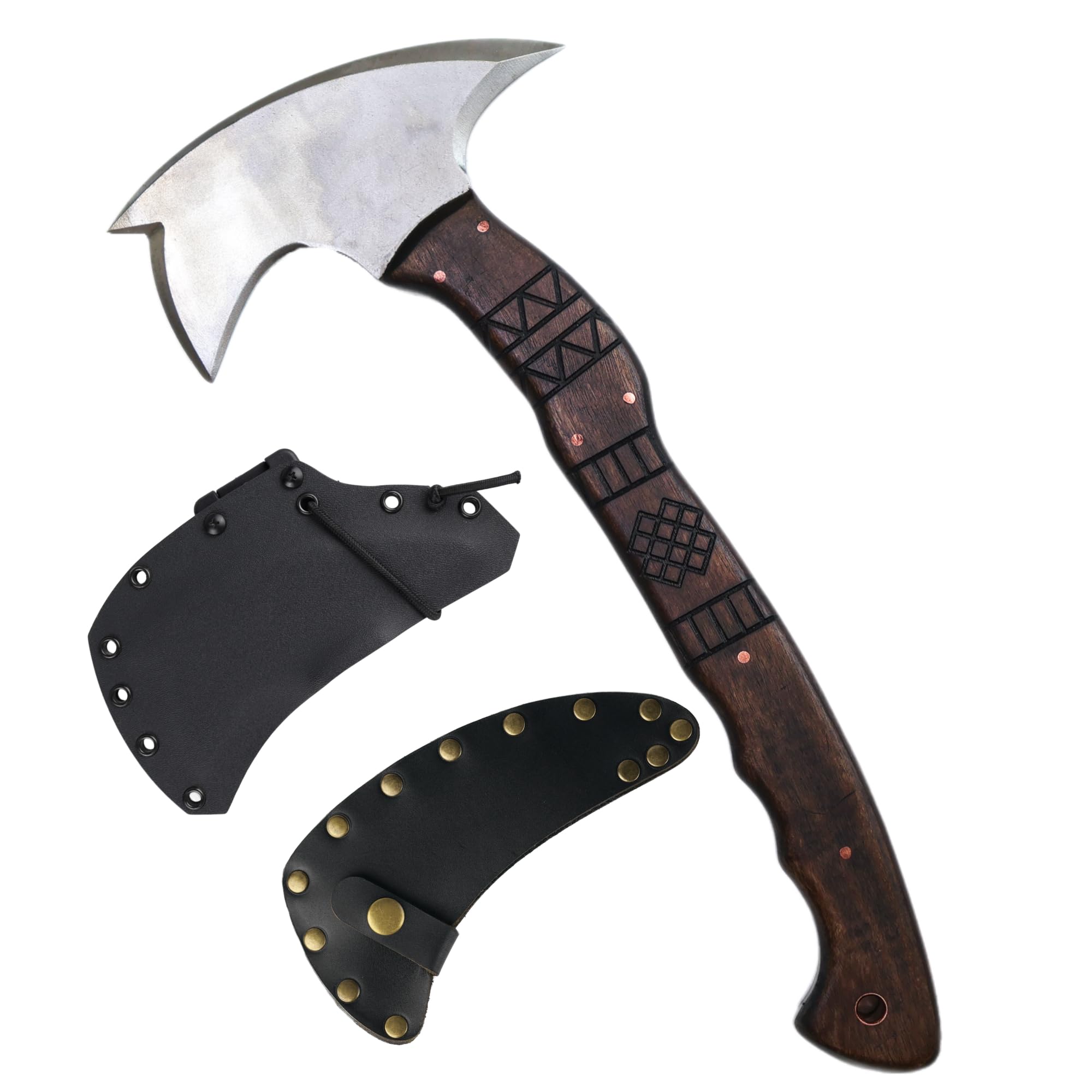 AncientSmithy Tactical Tomahawk Axe with Sheath - Handmade Tomahawks and Axes for Camping Military Survival Hatchet (14.06" Spike Head with Tribal Engraved Handle)