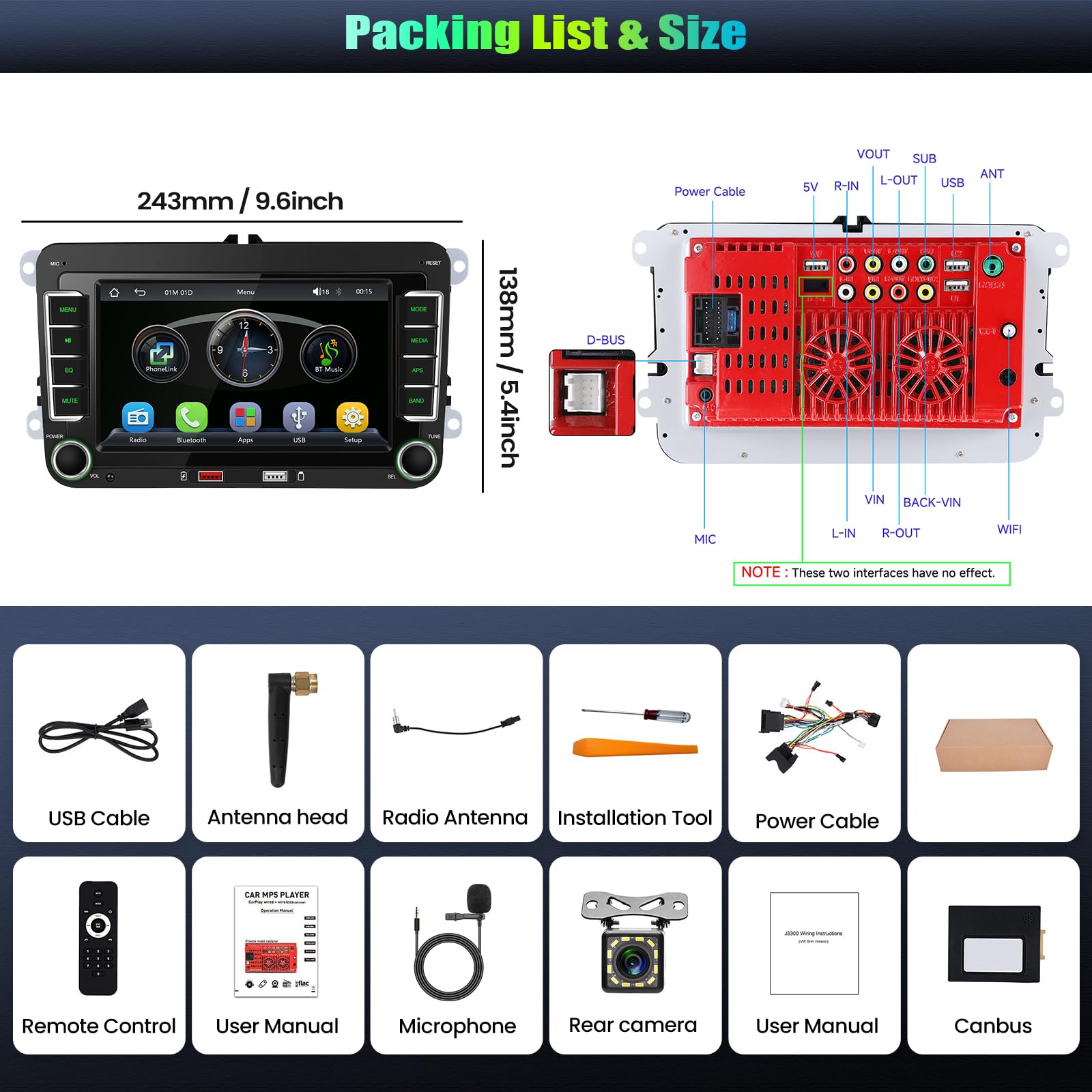 CAMECHO Samochód samochodowy 7" Carplay VW do Golf 5 6 Polo Passat Seat Touran Skoda Tiguan z kamerą cofania, radio Bluetooth z bezprzewodowym systemem Android Auto FM RDS 2USB EQ Sound SWC + ekran