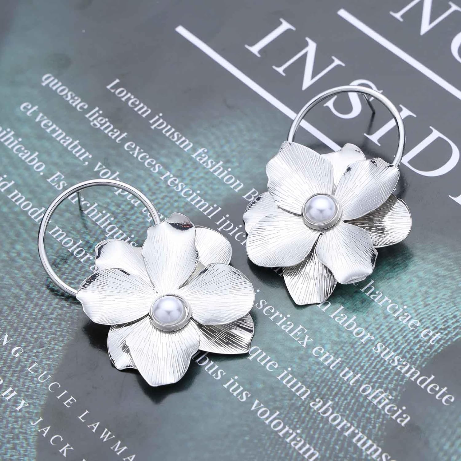 Boho Pearl Flower Dangle Earrings Gold Floral Drop Earrings Camellia Flower Earrings Hollow Circle Stud Earrings Exaggerated Floral Earrings Jewelry for Women - Image 3