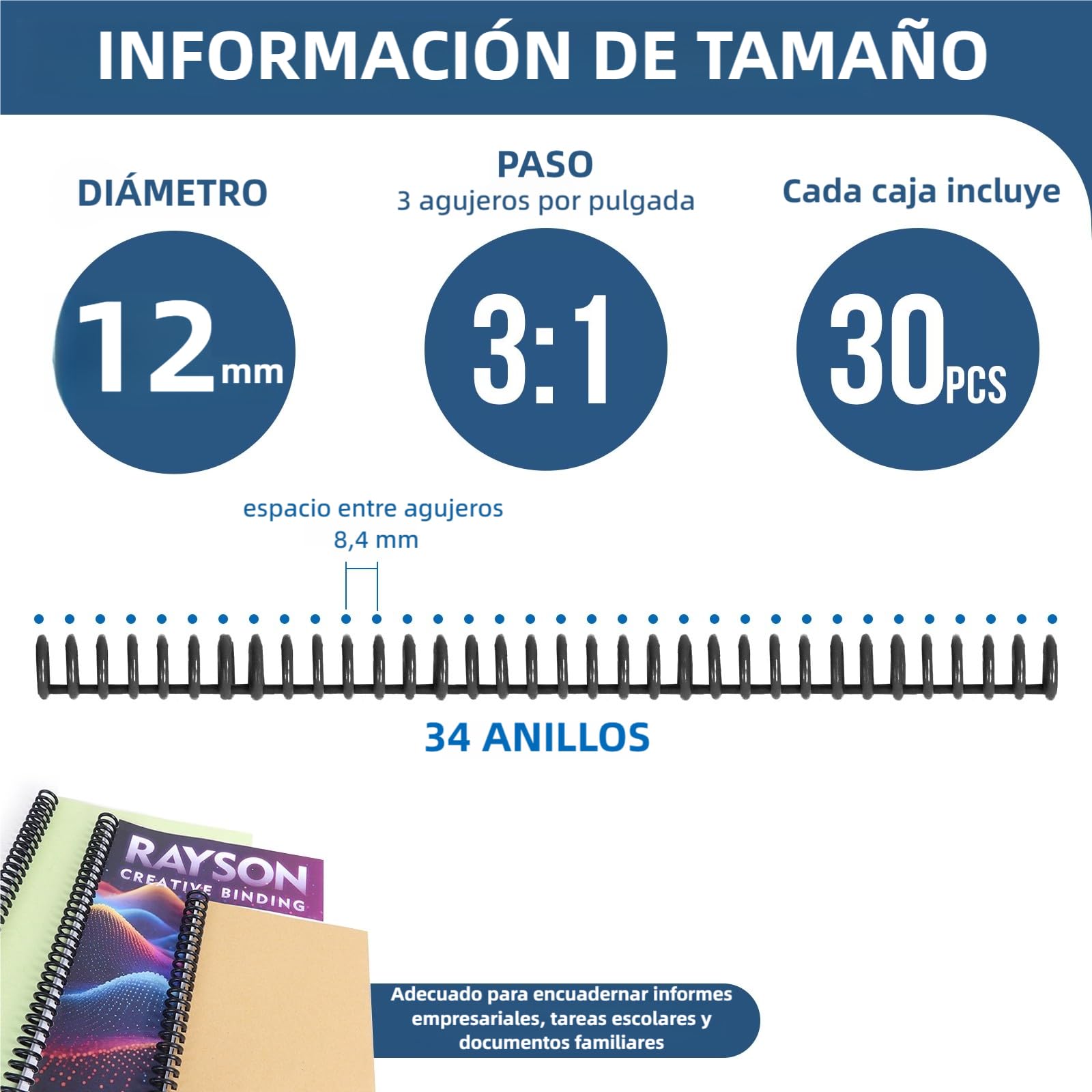 RAYSON - Espaldas de encuadernación con clic, capacidad de encuadernación de 75 hojas, A4, 12 mm, 34 anillas, color negro, paquete de 30