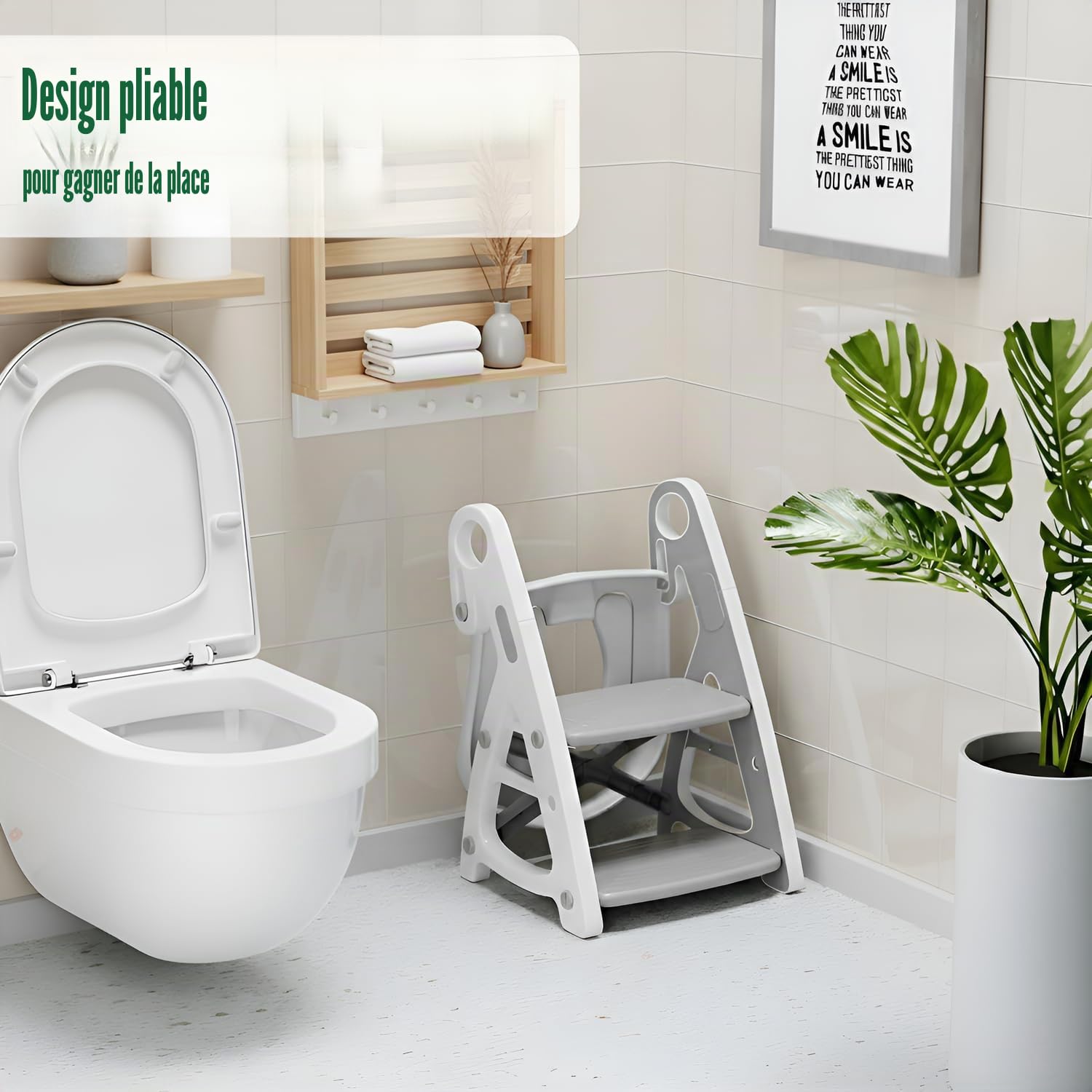 Siège de toilette pour bébé 2 en 1, avec escalier, structure triangulaire stable, marchepied pliable, avec pédale et hauteur d'assise réglables, grande pédale et poignées, doublure en polyuréthane,