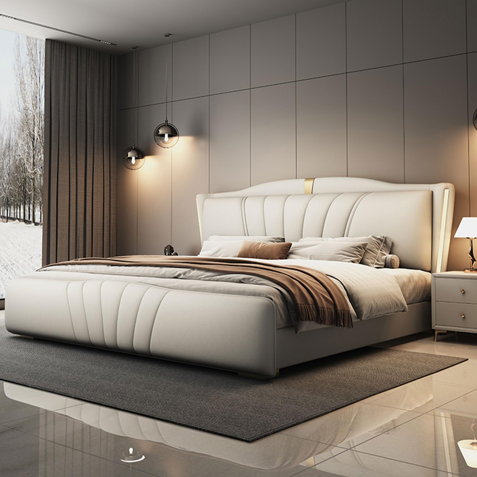 King Size Genuine Leather Bed Set Thick Padded Headboard Upholstered Platform Bed Frame with Headboard and Lift Up