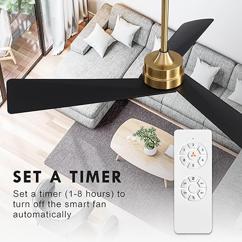 Miniatura 7 de WINGBO Ventilador de techo CC de 52 pulgadas sin luces, ventilador de techo de latón y negro con control remoto, 3 cuchillas de plástico ABS, motor