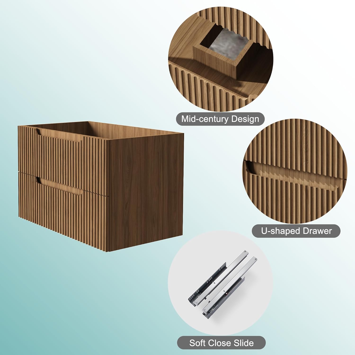 30” Wall-Mount Bathroom Vanity Floating Bathroom Cabinet in Walnut, Sink Basin Not Included