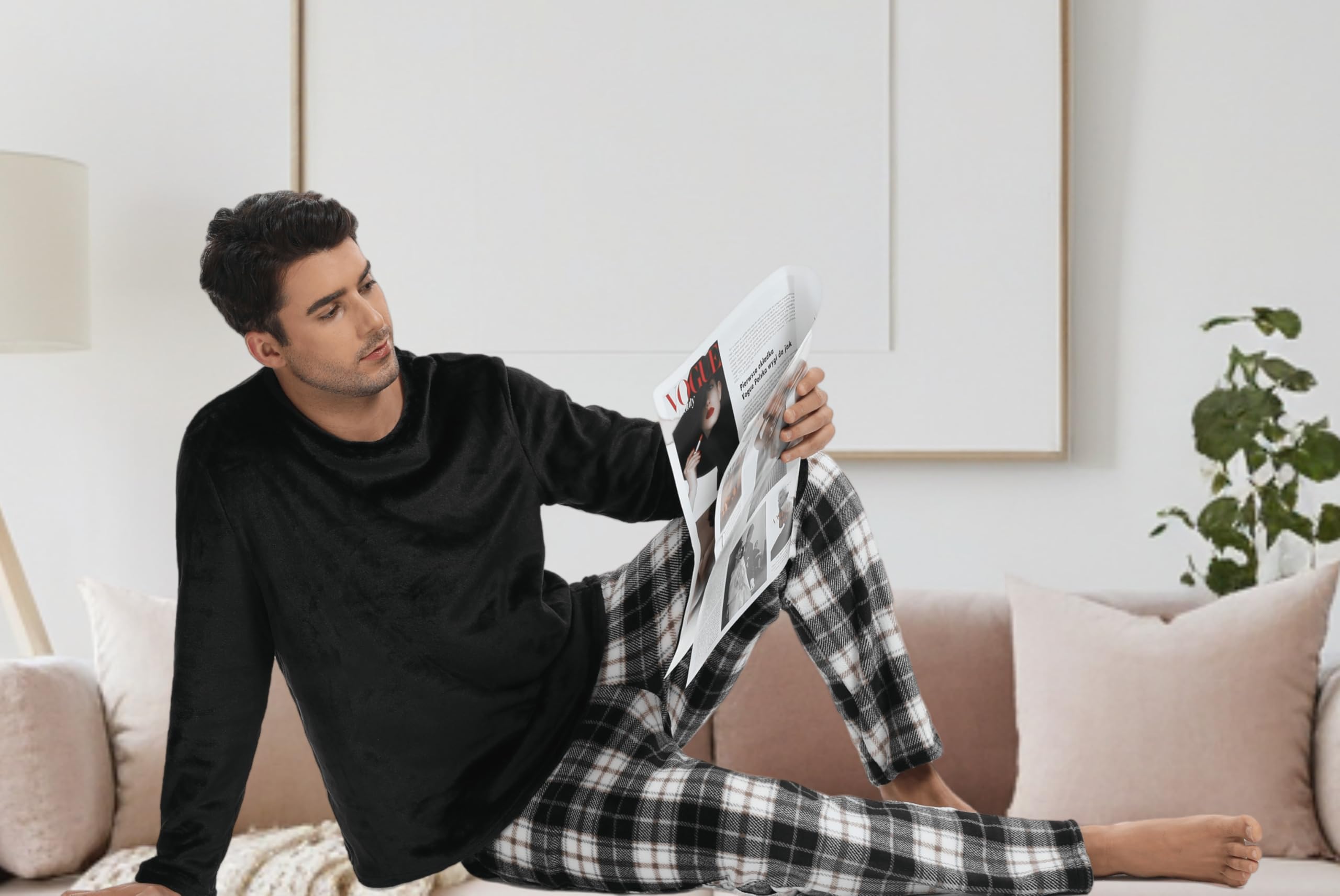 Pyjama Polaire Homme Velours Ensemble Thermique Hiver Chaud Hauts de Pyjama Manches Longues Col Rond Vêtements d'Intérieur Plaid Carreaux Vêtements de Nuit Grande Taille Douce Confortable M-3XL