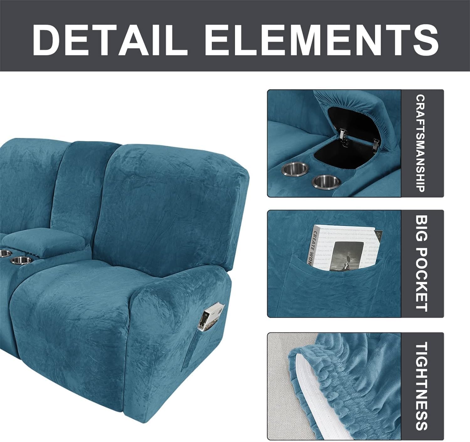 Thick Sofa Covers 2 Seater, Pure Color Sofa Protector, Velvet Easy Fit Elastic Fabric Stretch Couch Slipcover 8 Pieces (A)