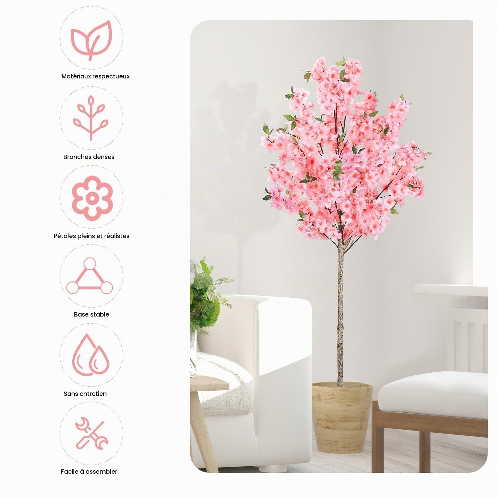Cerisier Japonais Artificiel Exterieur/Interieur 180cm - Arbre Artificiel Fleuri Haut de Gamme avec Pot en Ciment, Fleurs Artificielles Déco Realistes pour Jardin, Balcon, Salon, Bureau Rose