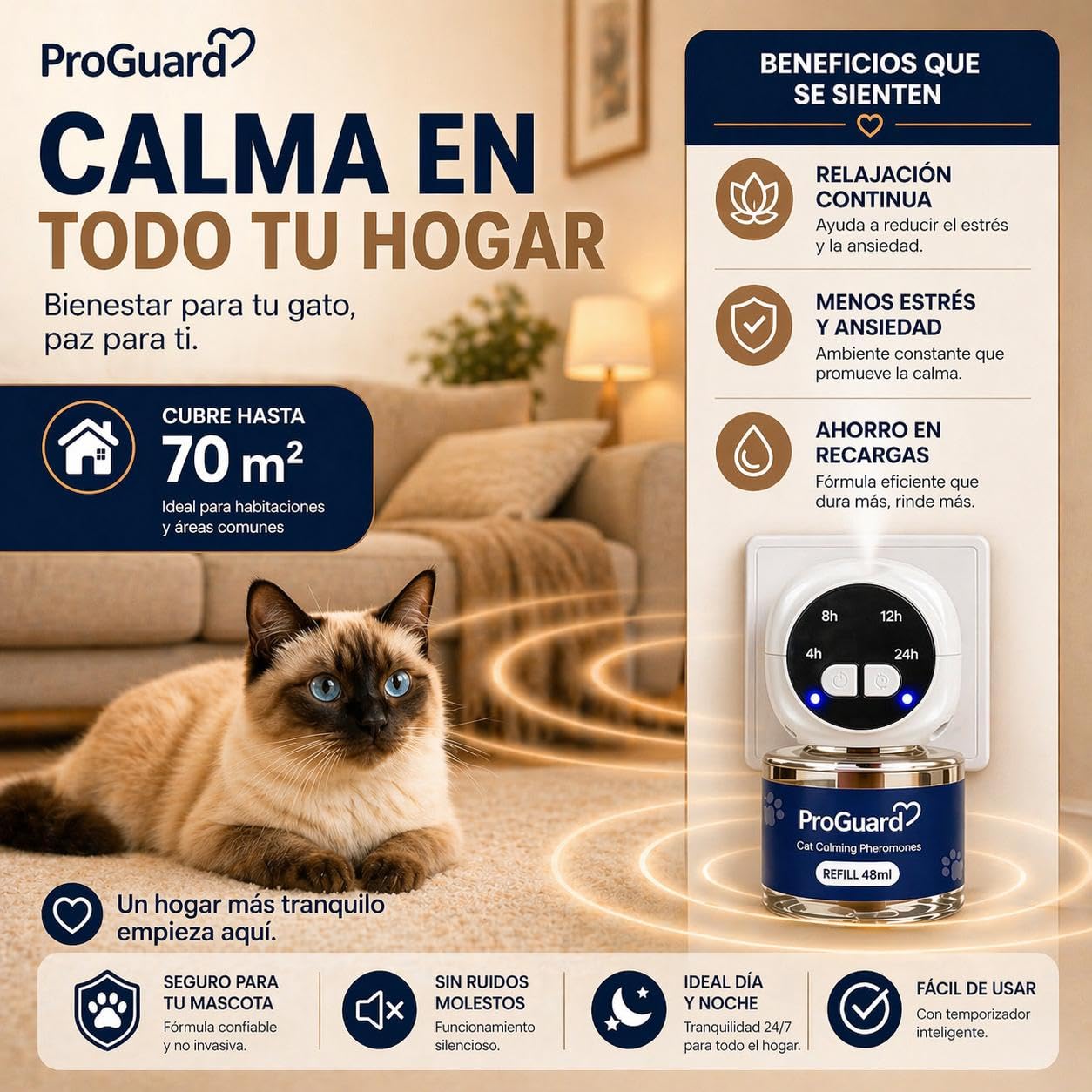 ProGuard® Difusor de Feromonas Calmantes para Gatos | Kit 3 Difusores con Temporizador + 6 Recambios (48 ml) | Solución Natural para Ansiedad y Estrés en Gatos y Gatitos, hasta 180 Días de Duración