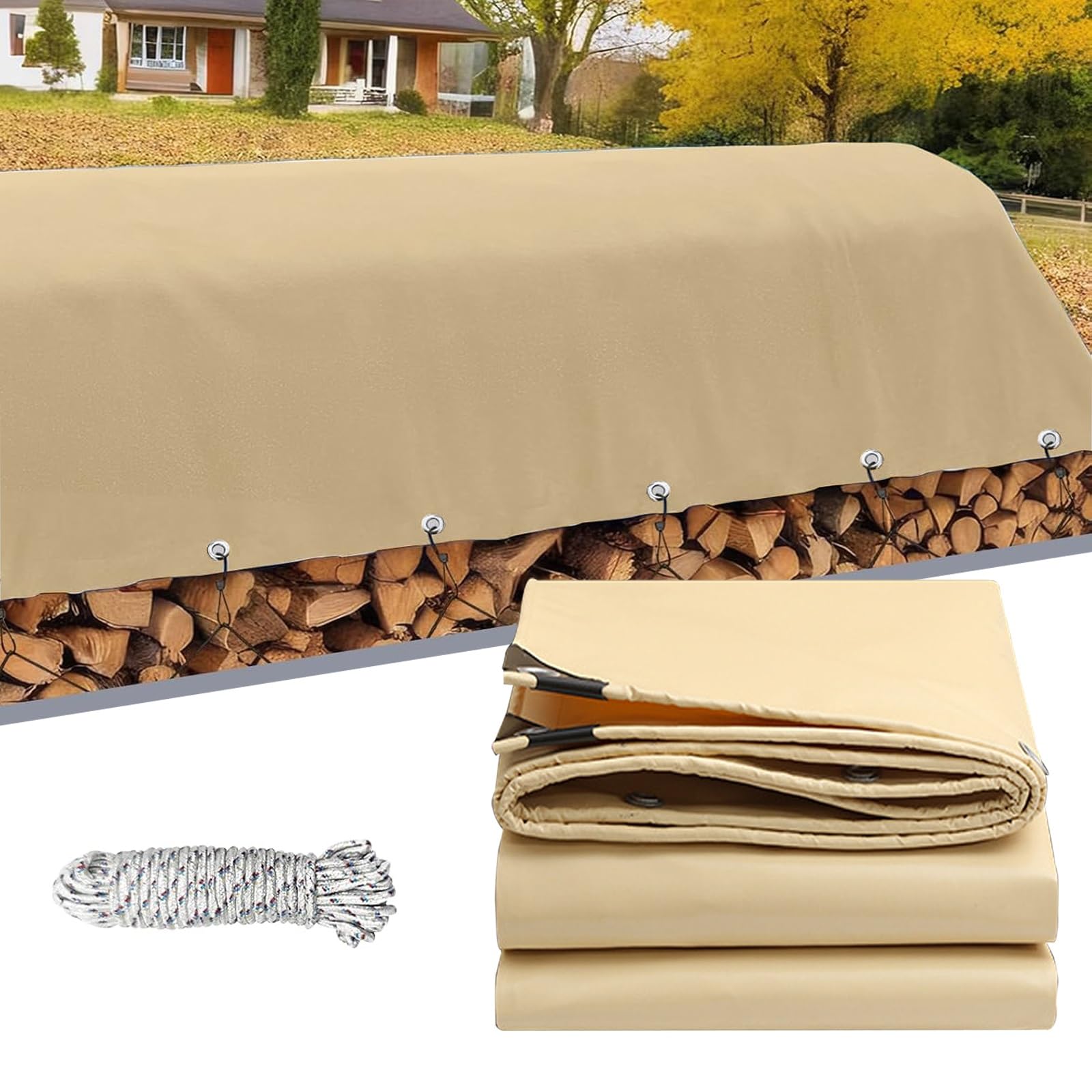 Lona impermeable beige 1.2x1.6m con esquinas reforzadas para protección exterior