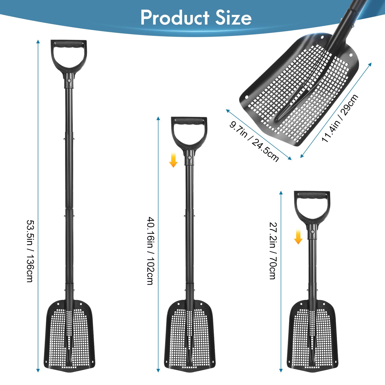 Siebschaufel, 53,5 cm lang, robust, Metall-Sandsieb, Hühnerstallschaufel für Sand, Strandschatzsuche, Siebschaufel mit Löchern, geeignet für Strand, Hühnerstall, Gartenarbeit usw.