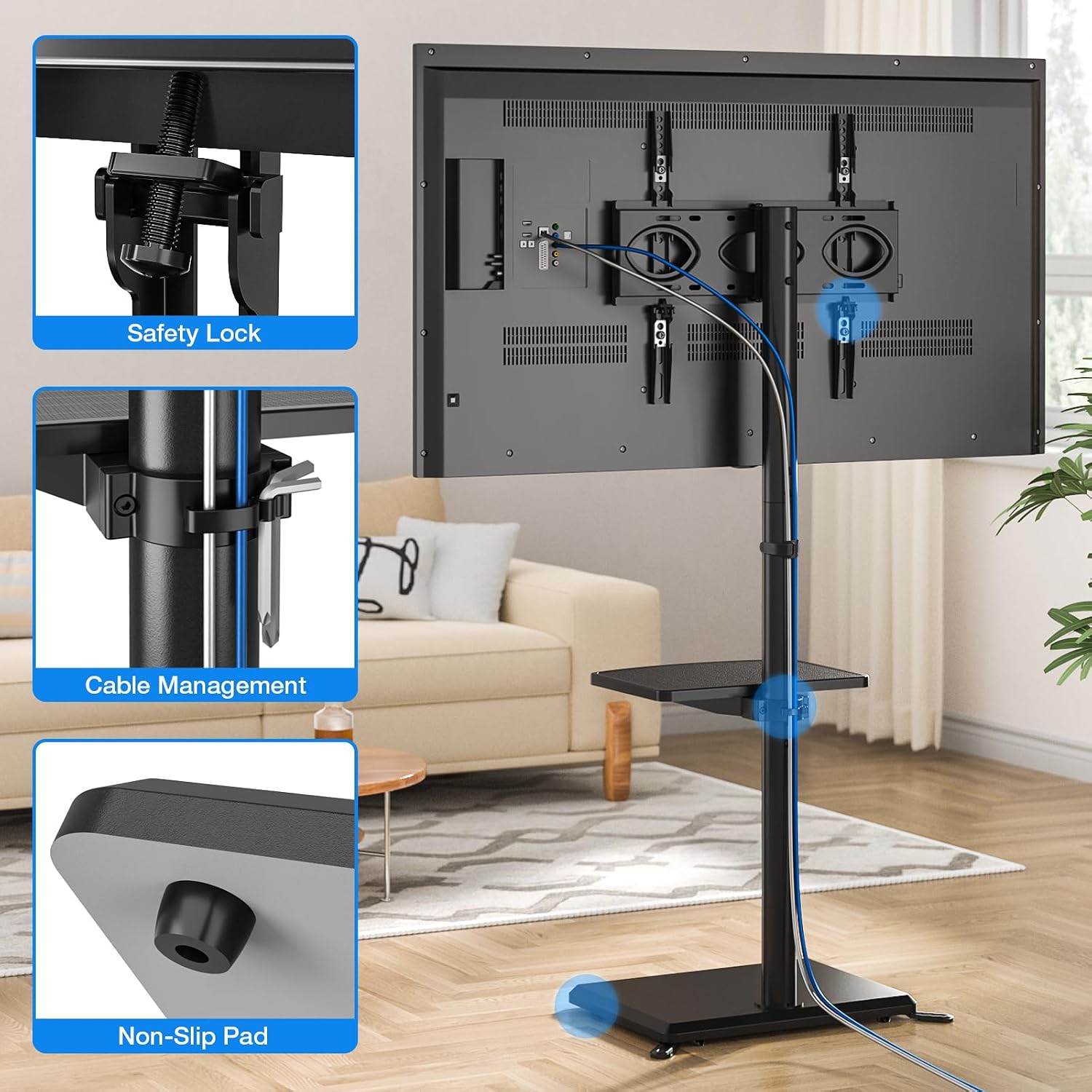 Close-up images showing the safety lock mechanism, cable management clips on the central pole, and non-slip pads on the base of the TV stand.