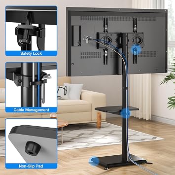 5Rcom Universal Swivel TV Floor Stand with Mount for 32-60 Inch TVs up to 40 kgs, Height Adjustable TV Stand with Swivel, Tall TV Stand with Black Wooden Base, Max VESA 400x400mm (Black)