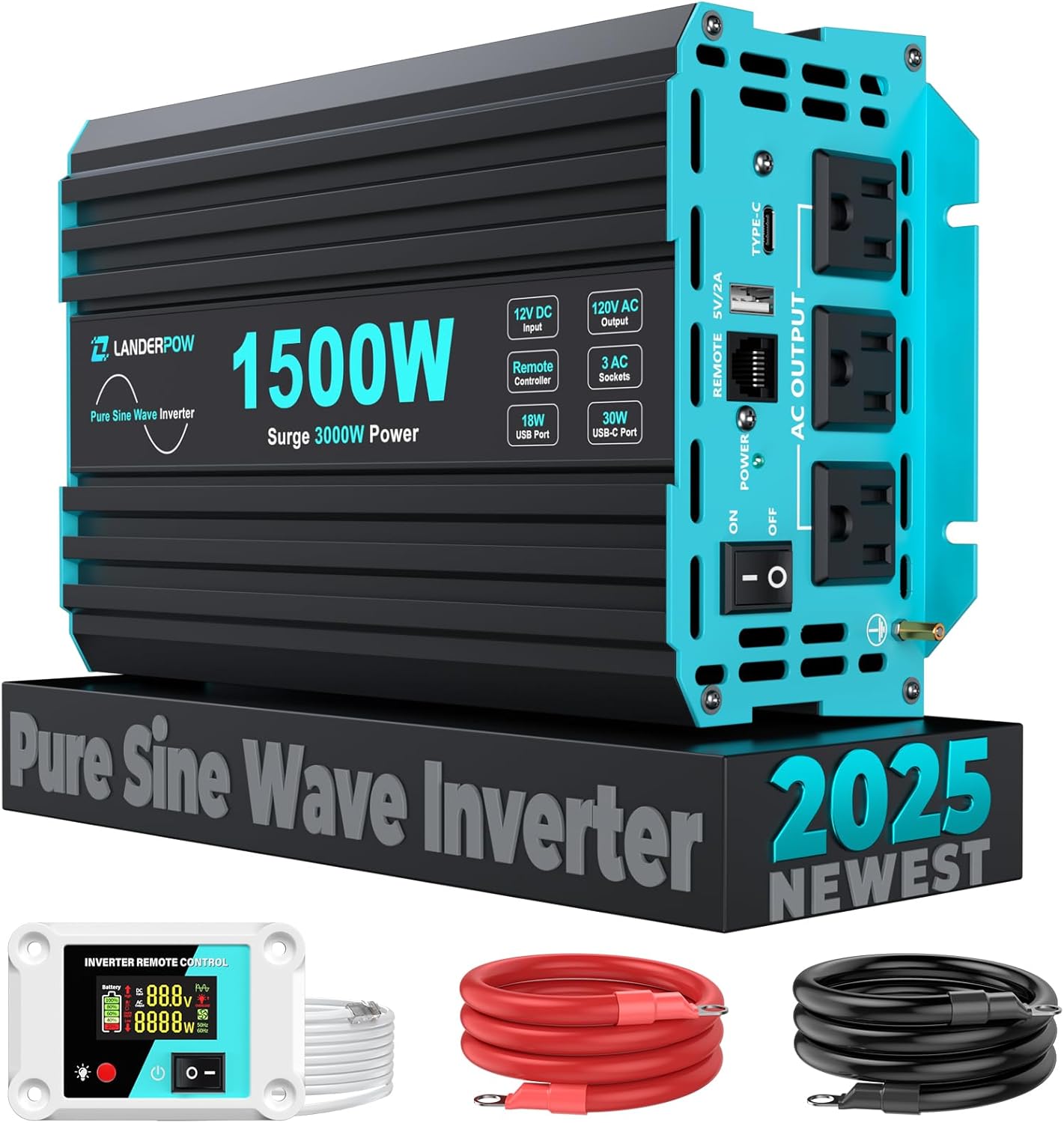 1500 Watt Pure Sine Wave Inverter, 12V DC to 120V AC Inverters for Car, RV, Truck, Home, Camping, Solar Power Inverter with 3 AC Outlet, 30W USB-C, 5V 3.1A USB, Remote Control, Surge 3000W
