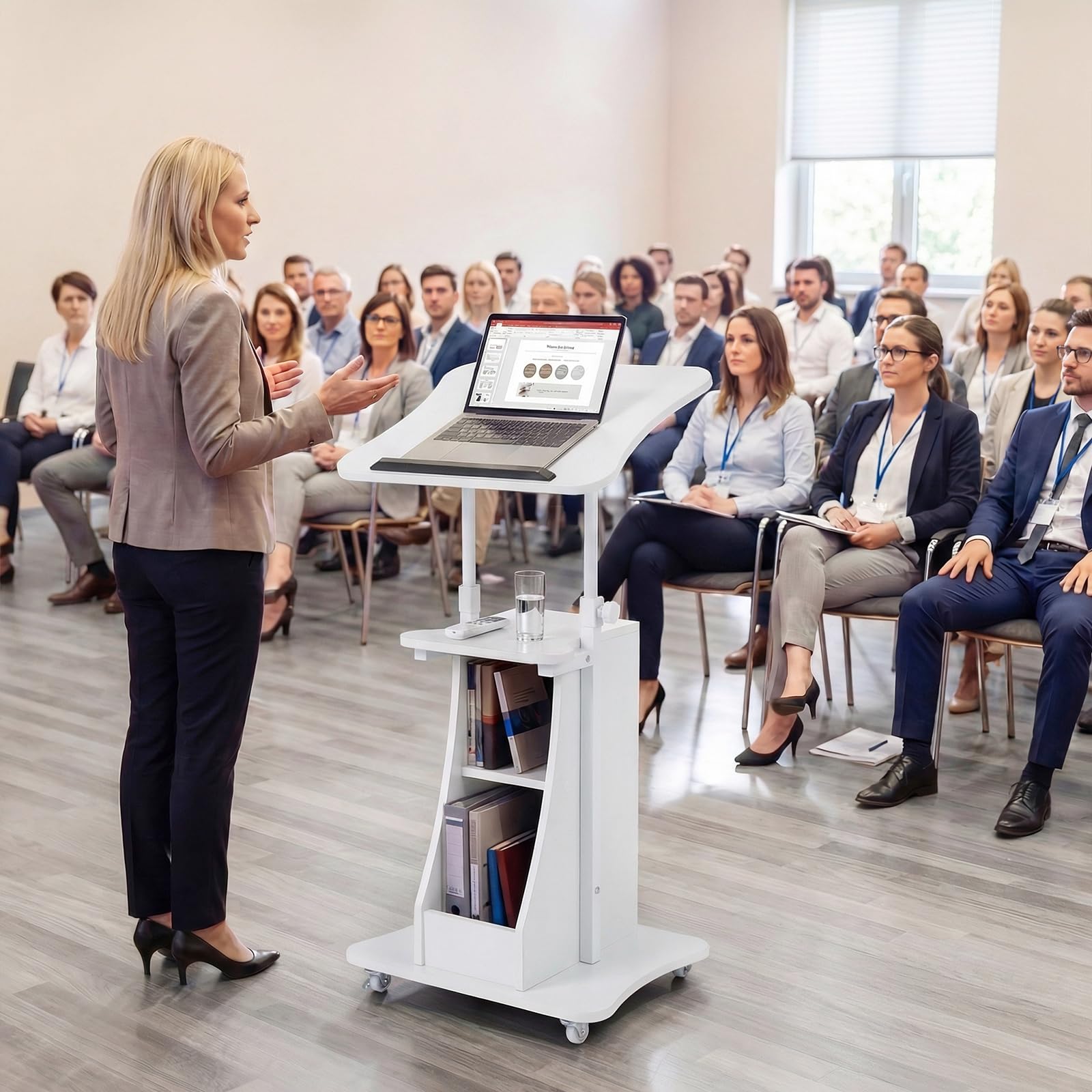 COSTWAY Mobilne biurko stojące, pulpit mównicy z regulacją wysokości, z uchylnym blatem i otwartymi przegródkami, biurko do stania lub siedzenia, stolik stojący na kółkach, do biura domowego (50 x 40