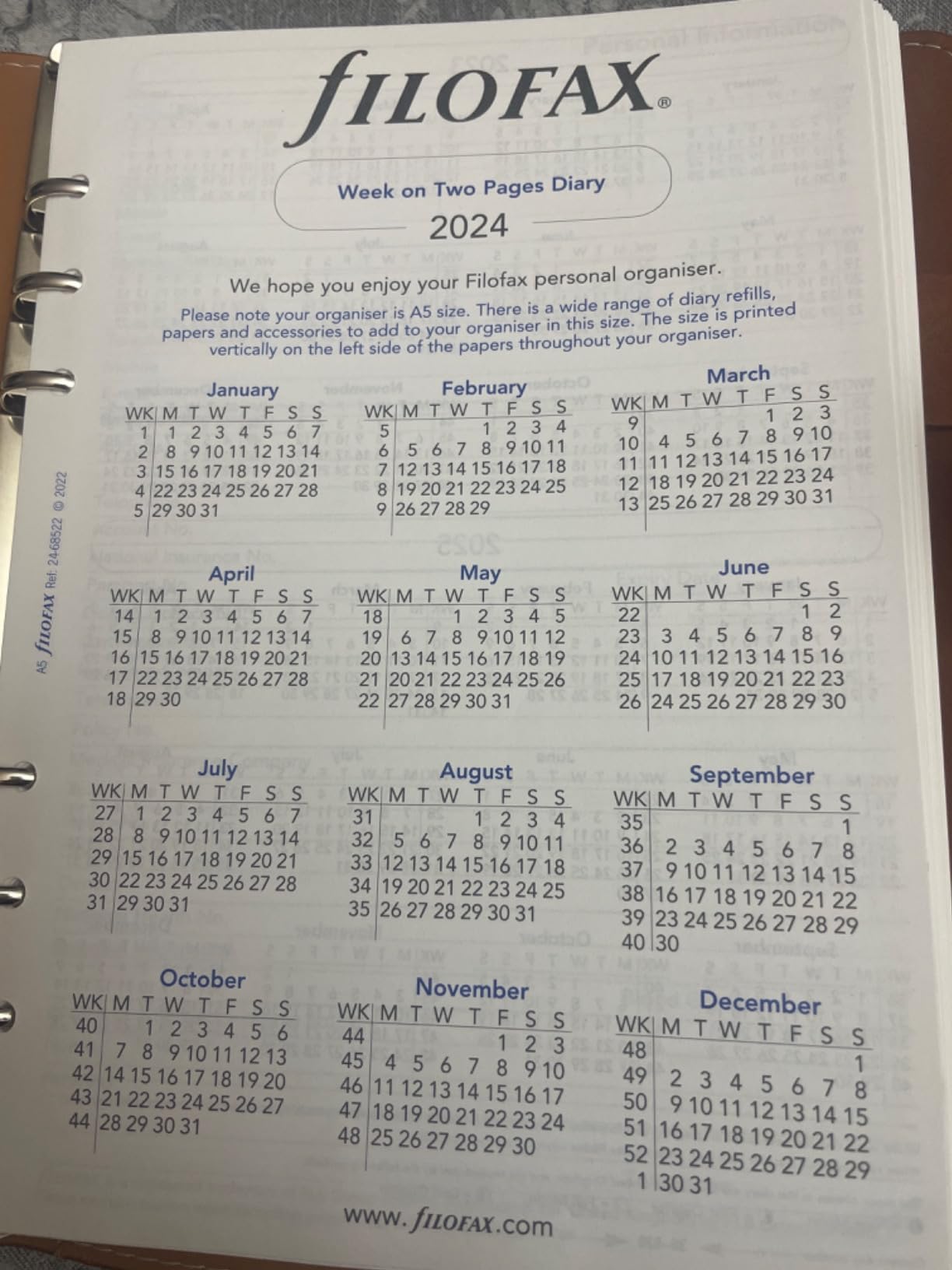 Recharge Agenda Filofax Personal 2026 - Semainier Deux Pages - 5 Langues (français, Anglais, Allemand...) - Papier Blanc 95x171mm - 10
