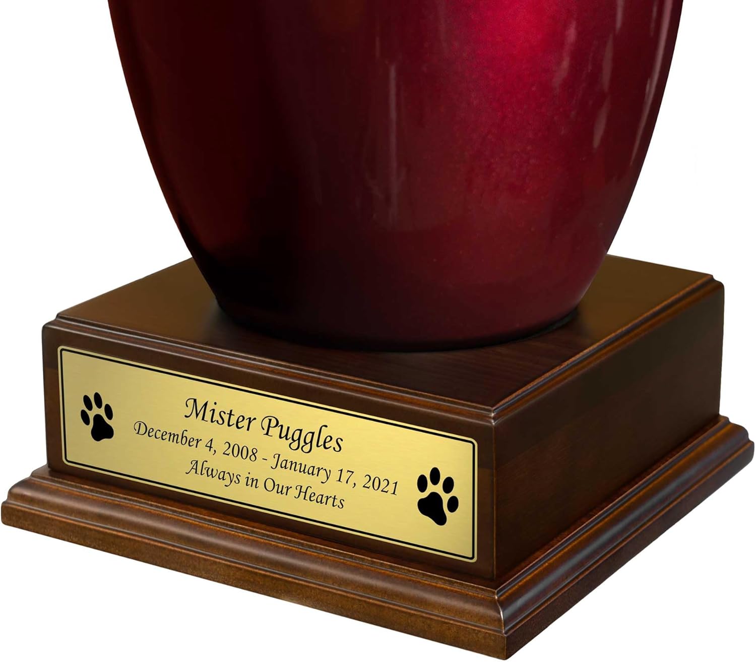 Personalized Cremation Urn Pedestal with Gold Name Plate - Includes Custom Engraving - Polished Walnut Wood Finish