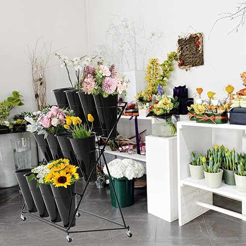 Miniatura 3 de Soporte de exhibición de flores con ruedas, soporte para plantas de hierro para interiores y exteriores, 3 capas de 12 barriles, soporte