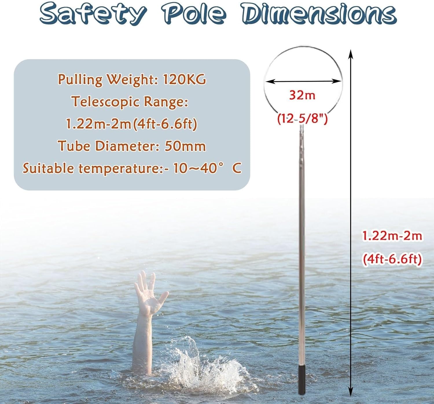 Telescopic Rescue Pole with Lifesaving Hook, 6.6ft Water Rescue Tool for Drowning Prevention, Essential Swimming Pool Safety Equipment, Emergency Rescue Hook (2m)