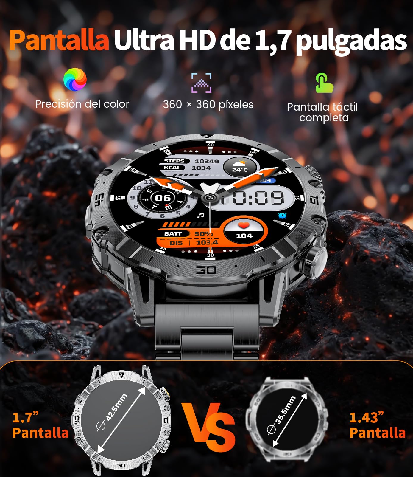 Reloj Inteligente Hombre con 1000 mAh/LED Linterna/Llamada Bluetooth, 1,7'' Smartwatch Militar con 110+ Modos Deportivos,Impermeable, Frecuencia Cardíaca, Android iOS, 3 Pulseras+2 Cargadores,EF18-A