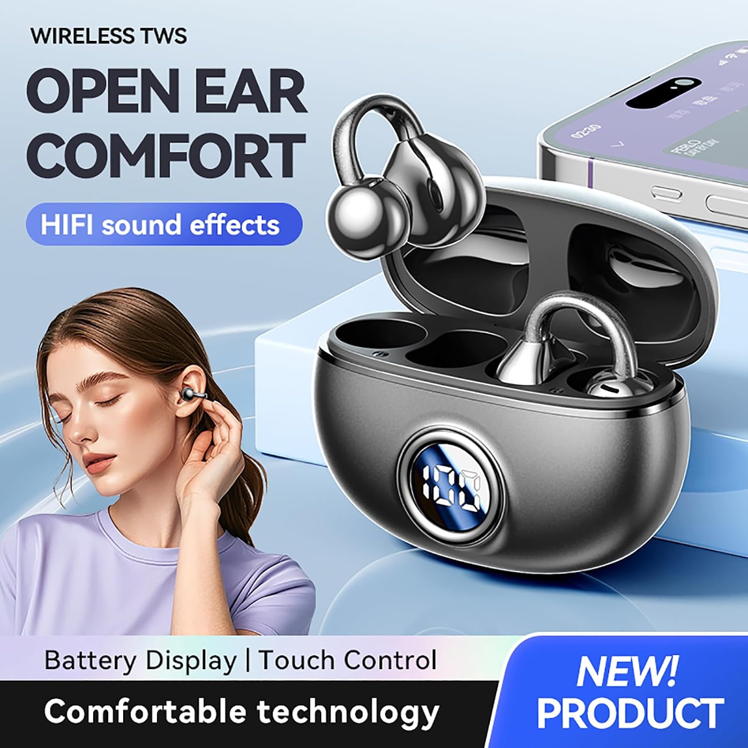 Clip on Earbuds for Small Ears, Open Ear Wireless Bluetooth 5.4 Headphones, 40H Playtime Air Conduction, Comfort Fit for Glasses, Waterproof Sport Ear Buds with Digital Display & MIC