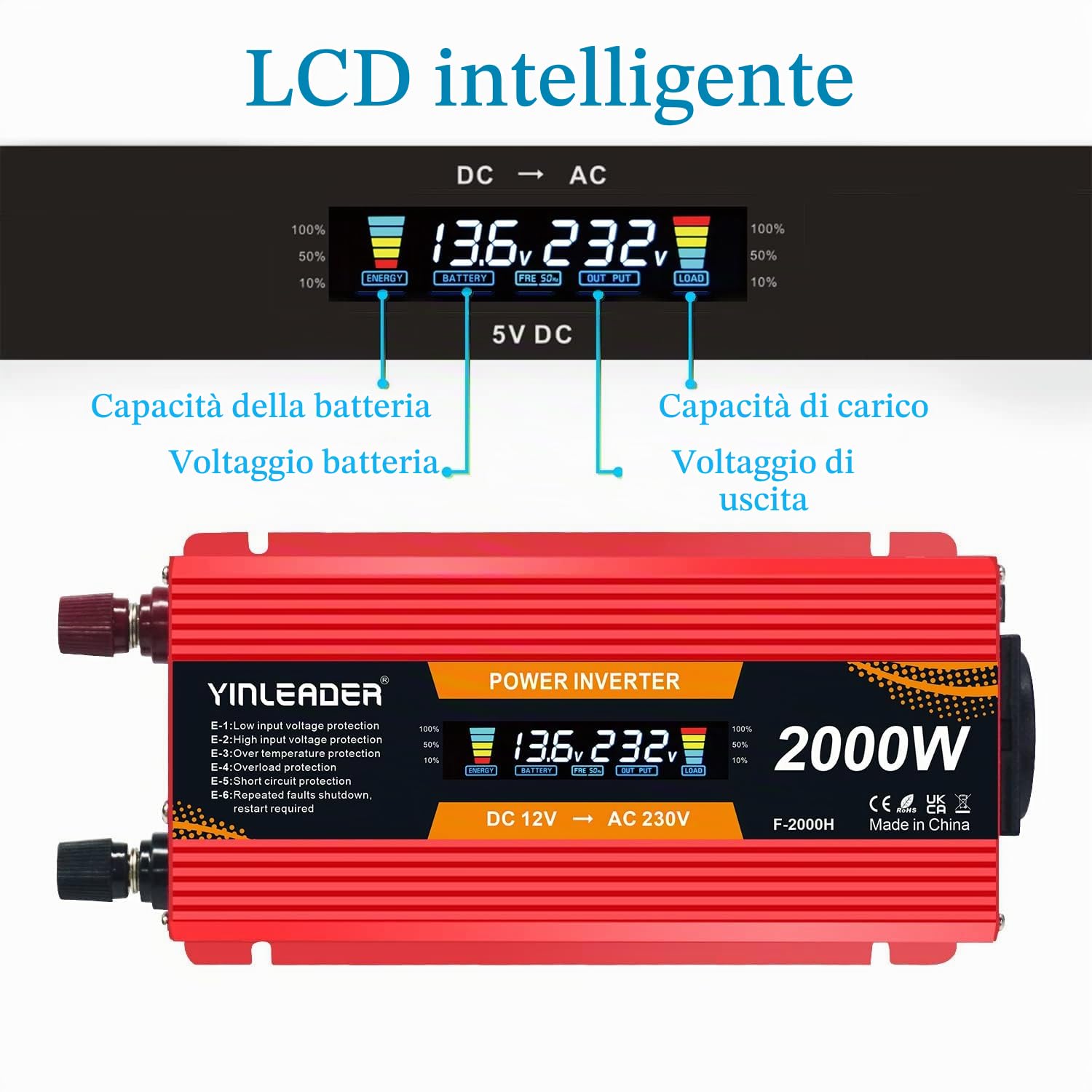 Power inverter 12V 220V 850W /2000W convertitore di tensione con display LCD 2 USB