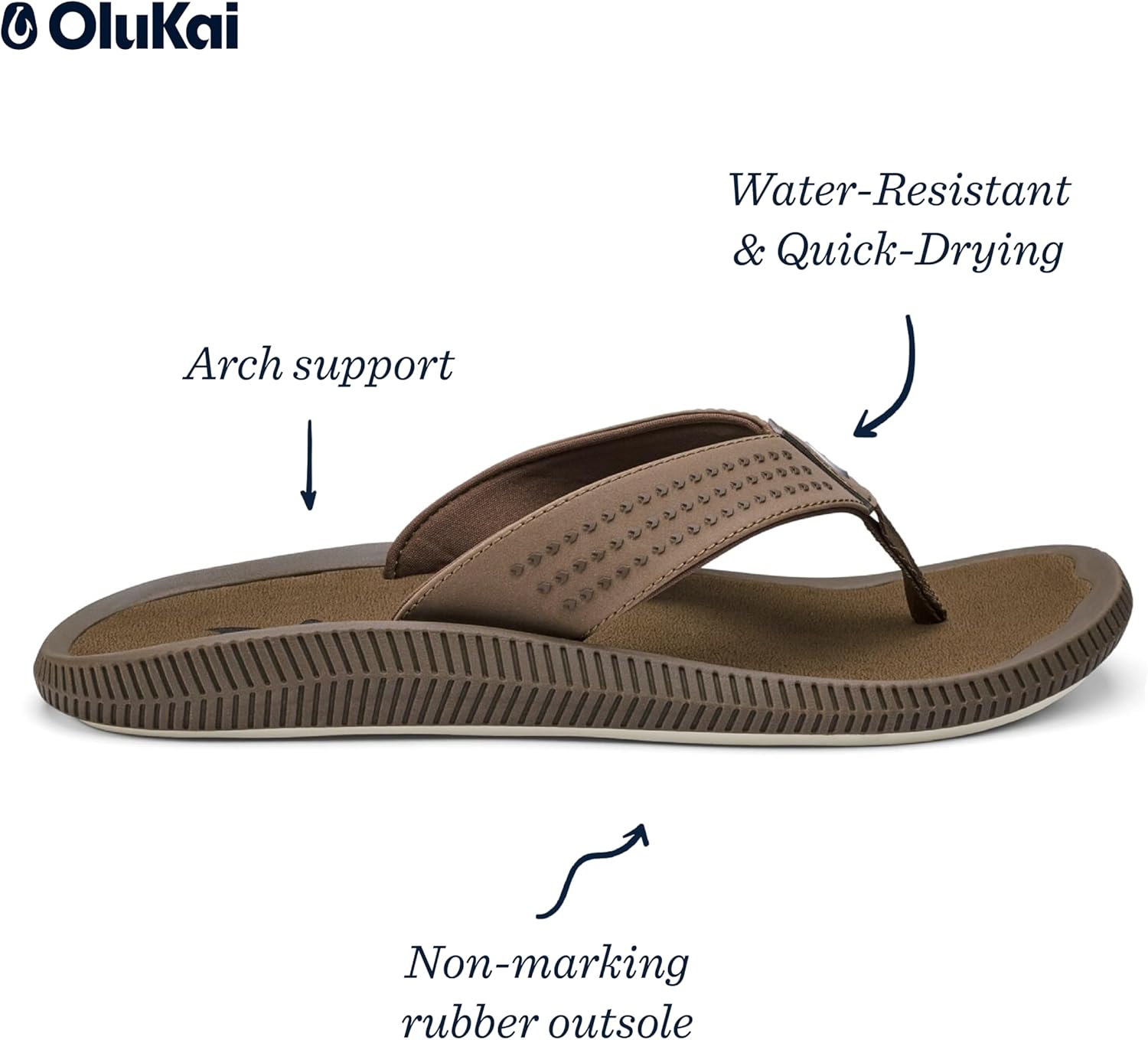 OLUKAI Ulele Men's Beach Sandals, Water Resistant Flip Flops, Arch Support & Comfort Fit, Lightweight & Durable, Enhanced Grip & Traction