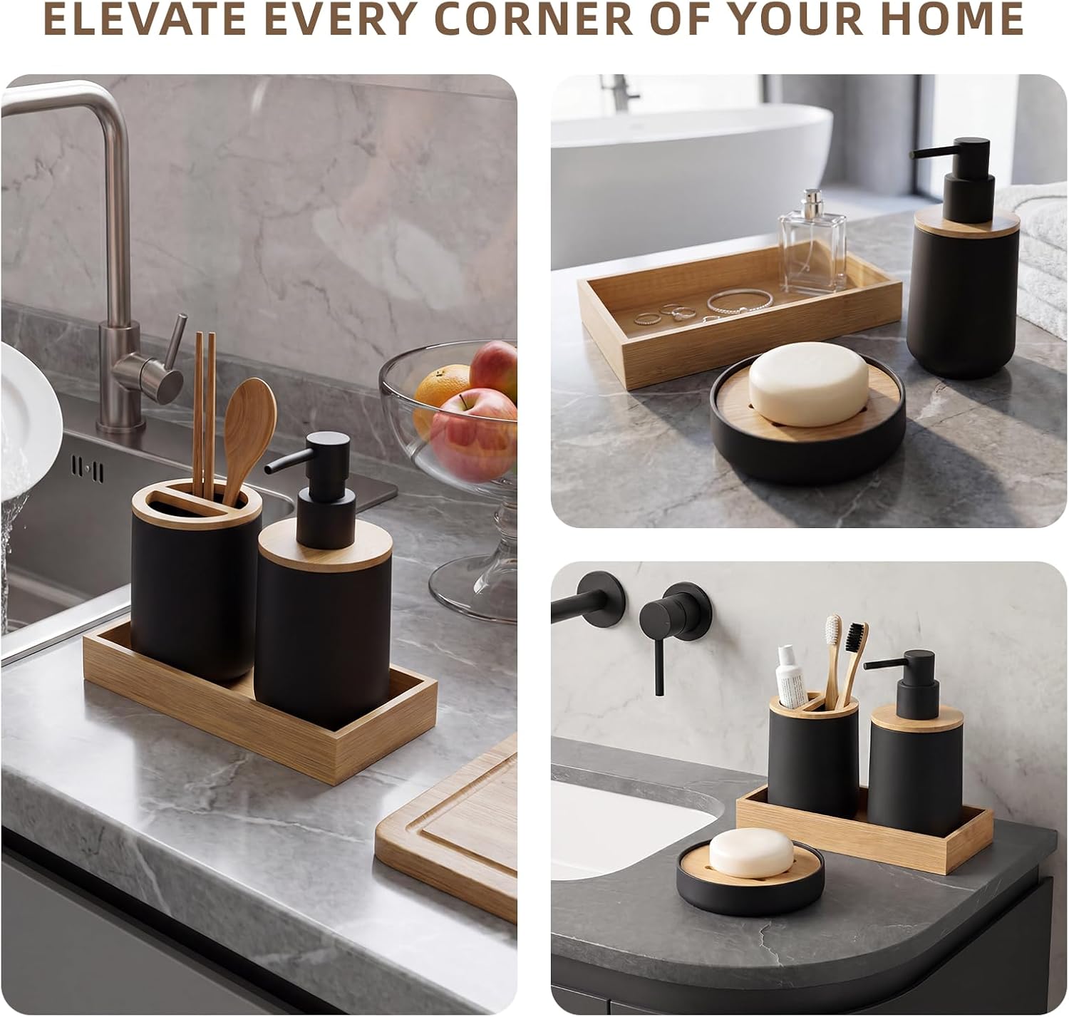 Bathroom Accessories Set 4 Piece Luxury Bamboo Bathroom Decor,Matte Black | Soft-touch Luxury Bamboo Bathroom Decor,4 Piece Bathroom Set,Bath Ensemble,Soap Dish,Tray,Dish Holder,Countertop Organizer