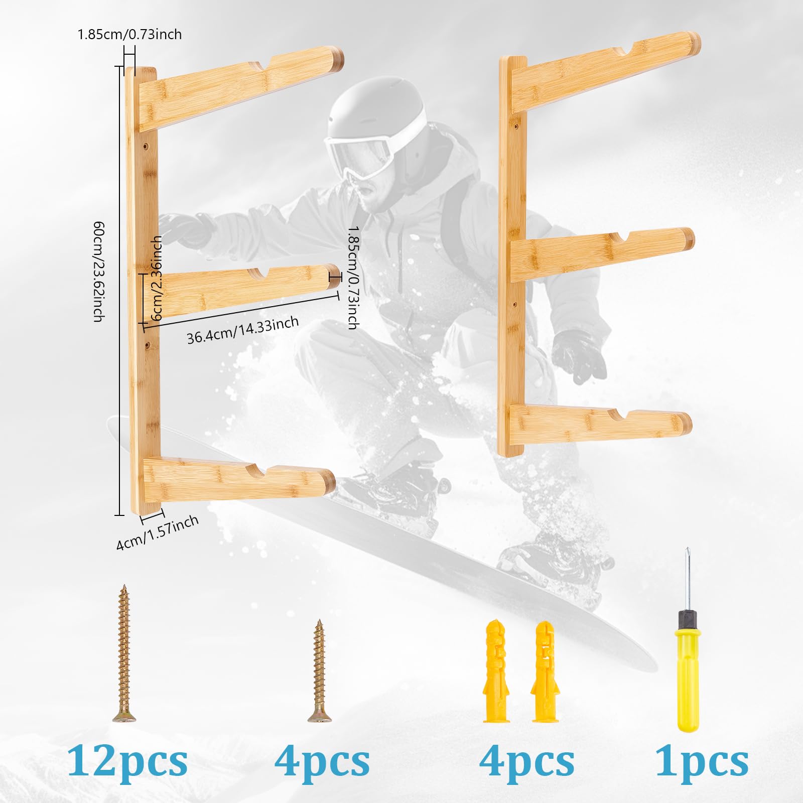 1 Support Mural pour Planche de Surf Support de Suspension pour Planche de Surf en Bambou à 3 Niveau Support Mural pour Shortboard Skimboard et Longboard Idéal 60x4x1.85cm