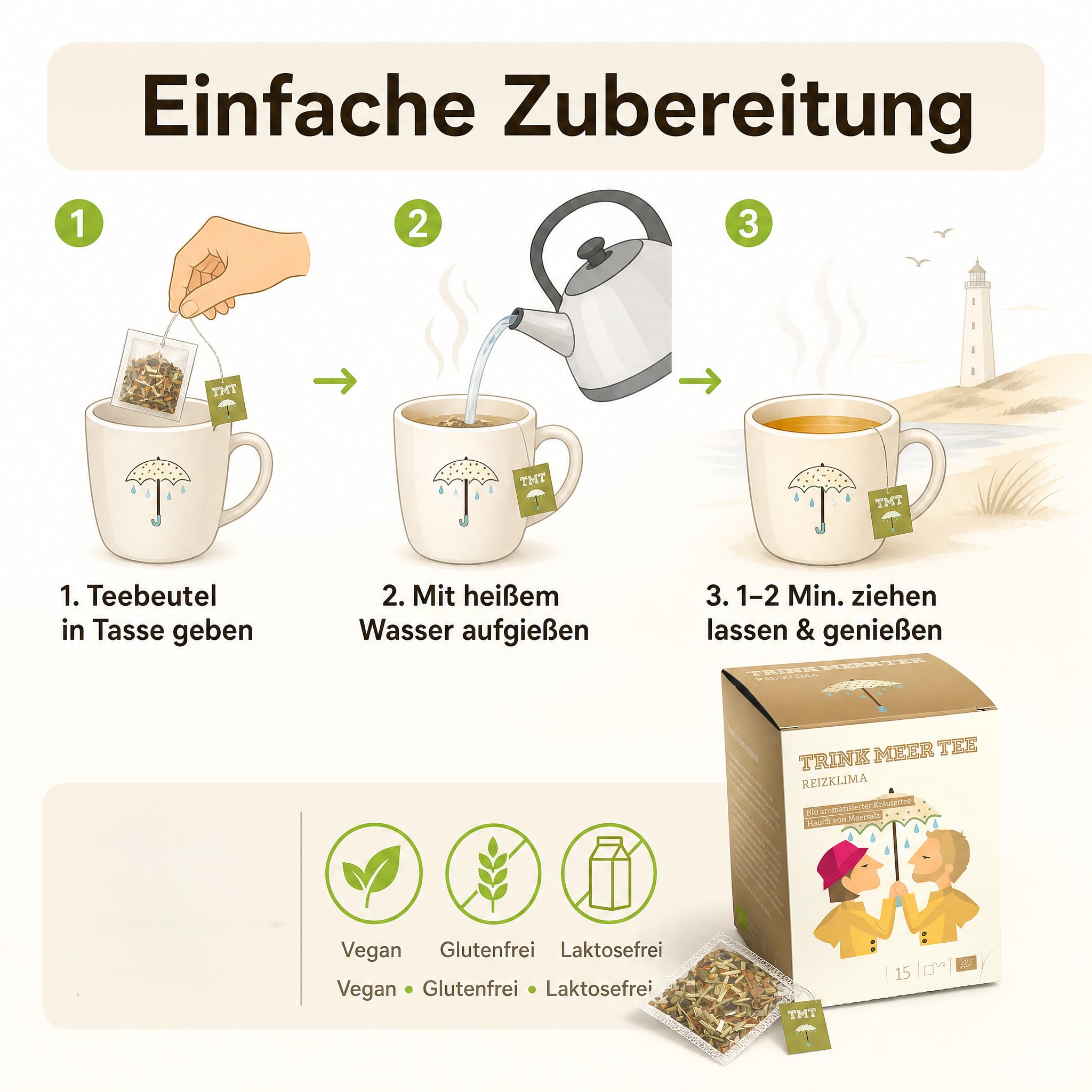 6 x TRINK MEER TEE REIZKLIMA Premium Kräutertee, mit Meersalz und Ingwer, vegan, glutenfrei, laktosefrei, handgenähte Kissenteebeutel, maritimes Design