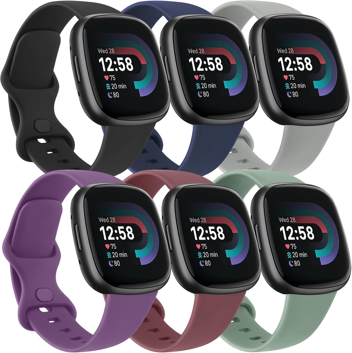 6 PACK Bands Compatible with Fitbit Versa 4 / Versa 3 / Fitbit Sense 2 / Sense Bands for Women Men, Soft Sport Wristbands Replacement Smart Watch Straps
