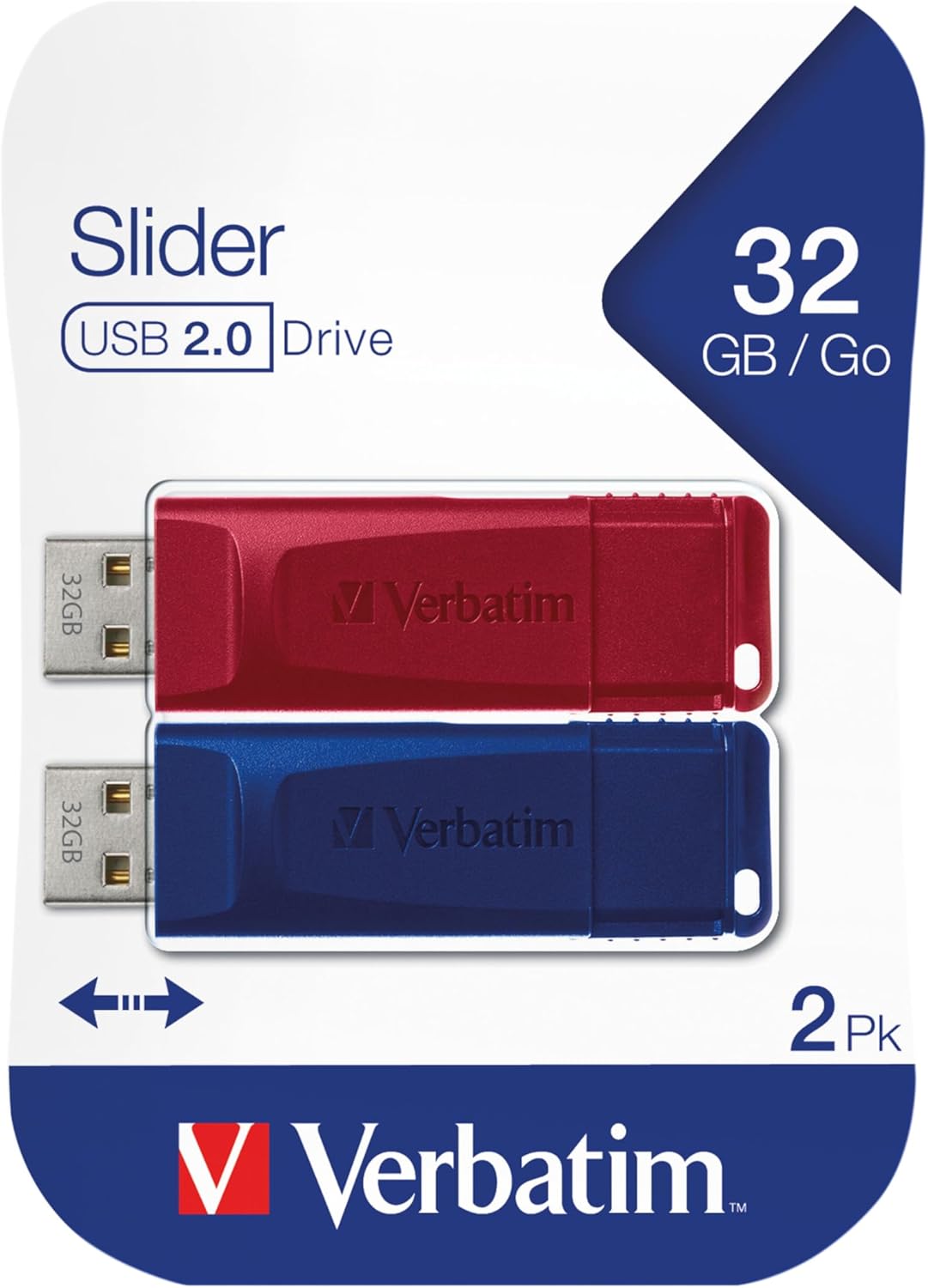 Verbatim USB Drive 2.0 Store N GO Slider 2 X 32GB (RED/Blue), W125625487 (Slider 2 X 32GB (RED/Blue) 49327, 32 GB, USB Type-A, 2.0, Slide, 8 g,)