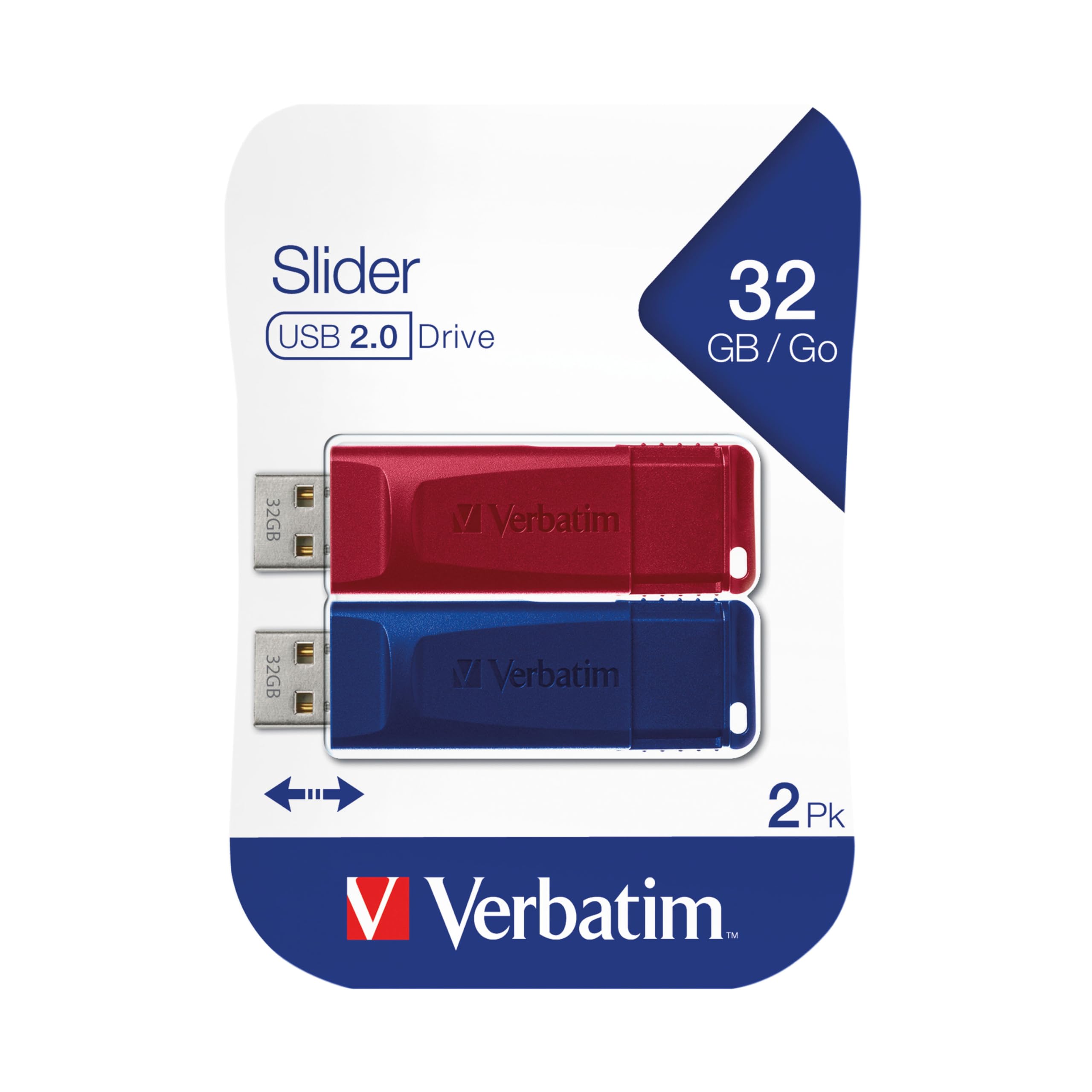 Verbatim USB Drive 2.0 Store N GO Slider 2 X 32GB (RED/Blue), W125625487 (Slider 2 X 32GB (RED/Blue) 49327, 32 GB, USB Type-A, 2.0, Slide, 8 g,)