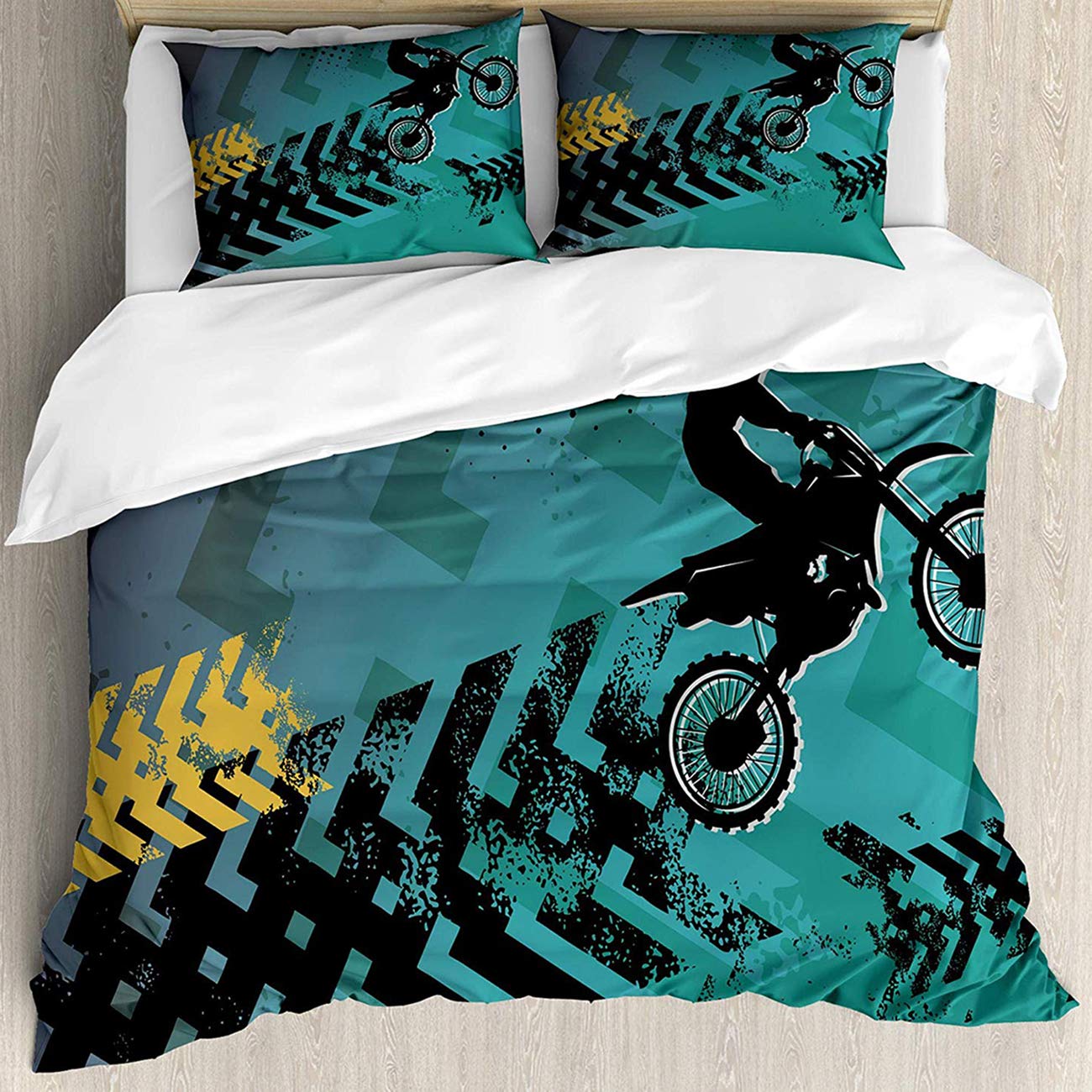 THEE 3D Motorcycle Dirt Bike Bedding Quilt Cover Duvet Cover Set with Pillow Case(Twin)