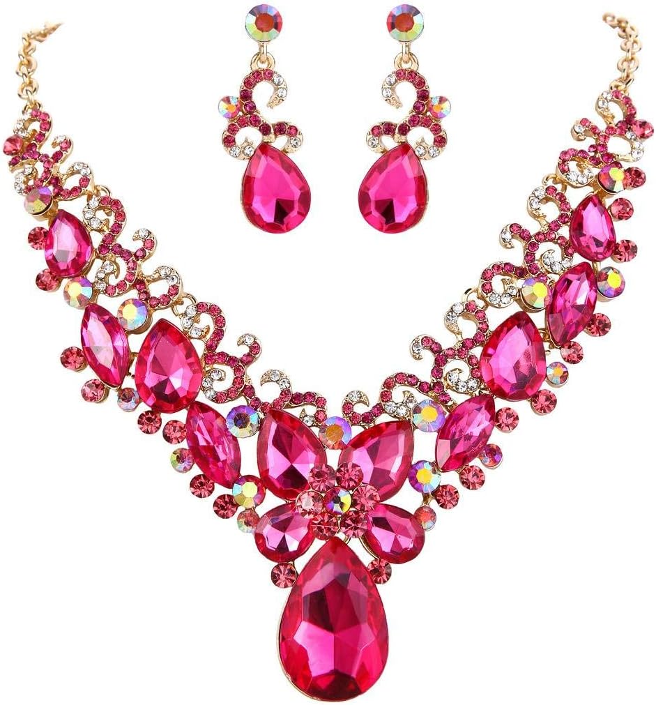 BriLove Women’s Costume Fashion Crystal Teardrop Marquise Butterfly Filigree Enamel Statement Necklace Dangle Earrings Set