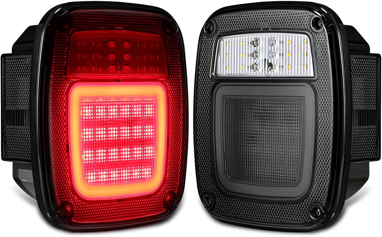 Partsam 2Pcs LED Tail Lights Assembly Rear Combination Stop Turn Tail Halo Glow, with Reverse Marker License Light for Wrangler TJ YJ CJ F-Series Flatbed Trucks Universal Trailer Taillights, RED