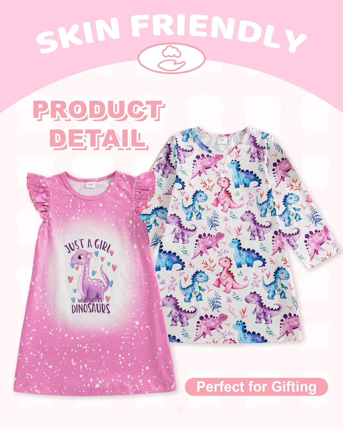 Mikrdoo 2Pcs Girls Nightgowns Kids Pajamas Flutter Sleeves Nightdress Nightie Dress Sleepwear for Toddler Little Girls - Image 3