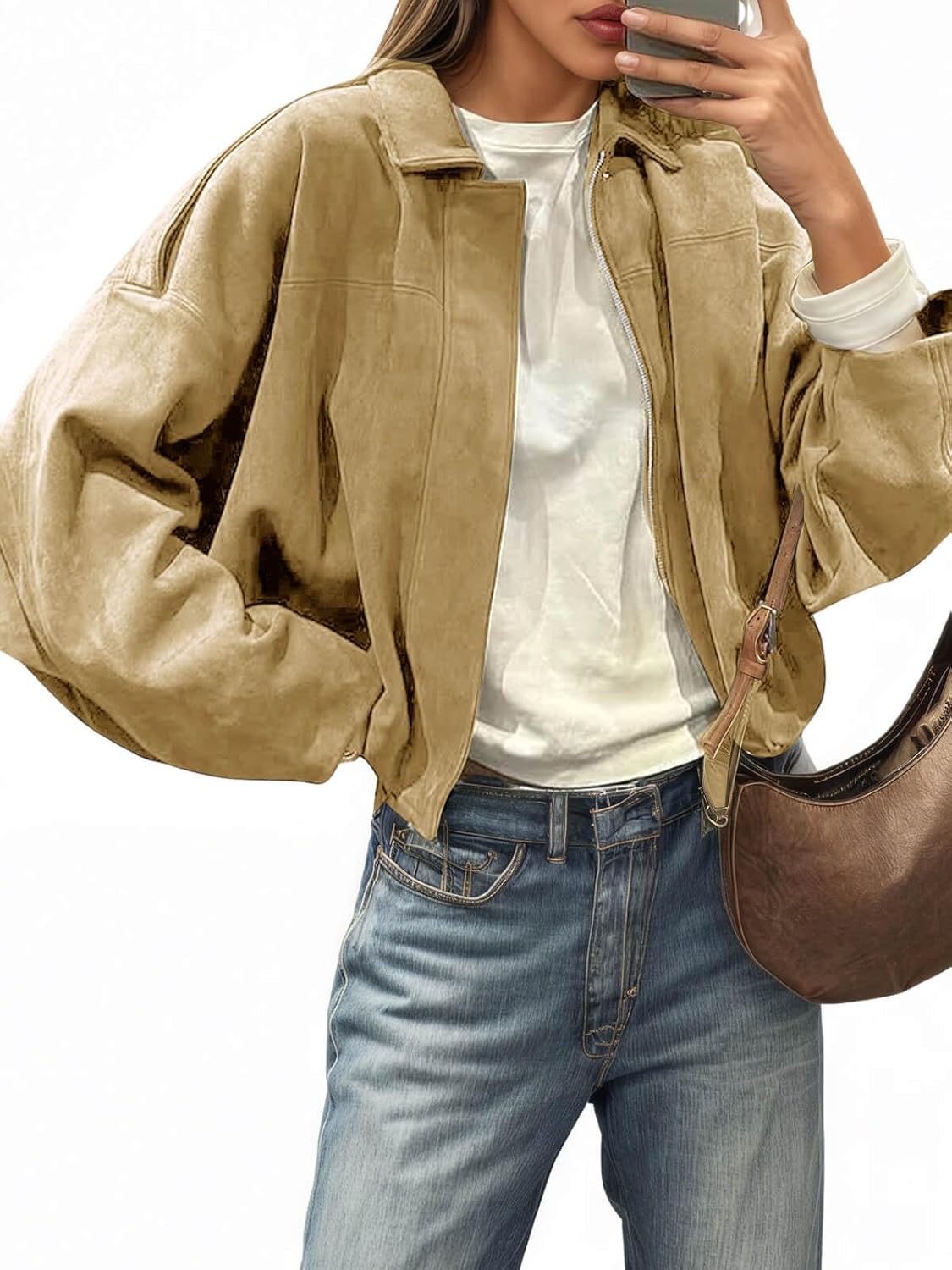 Cicy Bell Womens Faux Suede Bomber Jackets Oversized Cropped Zip Up Lapel Coats Fall Casual Outerwears Global Recycled Standard Global Recycled Standard Global Recycled Standard