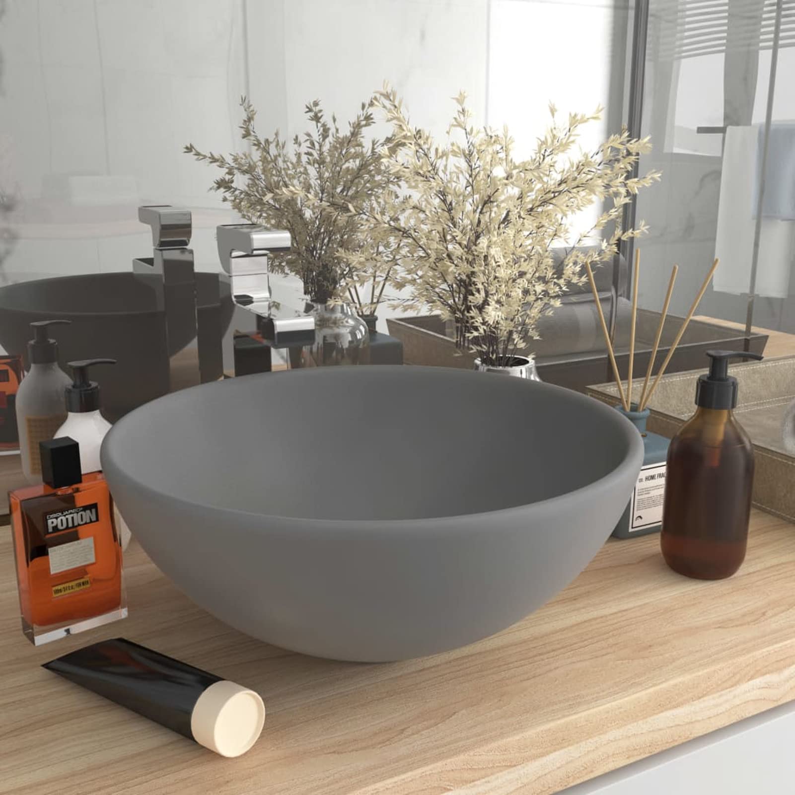 Lavabo de lujo, XIAOGUANG Lavabo Sobre Encimera, Lavabo Baño, Muebles De Baño, Mueble Lavabo, redondo cerámica gris claro mate 32,5x14 cm