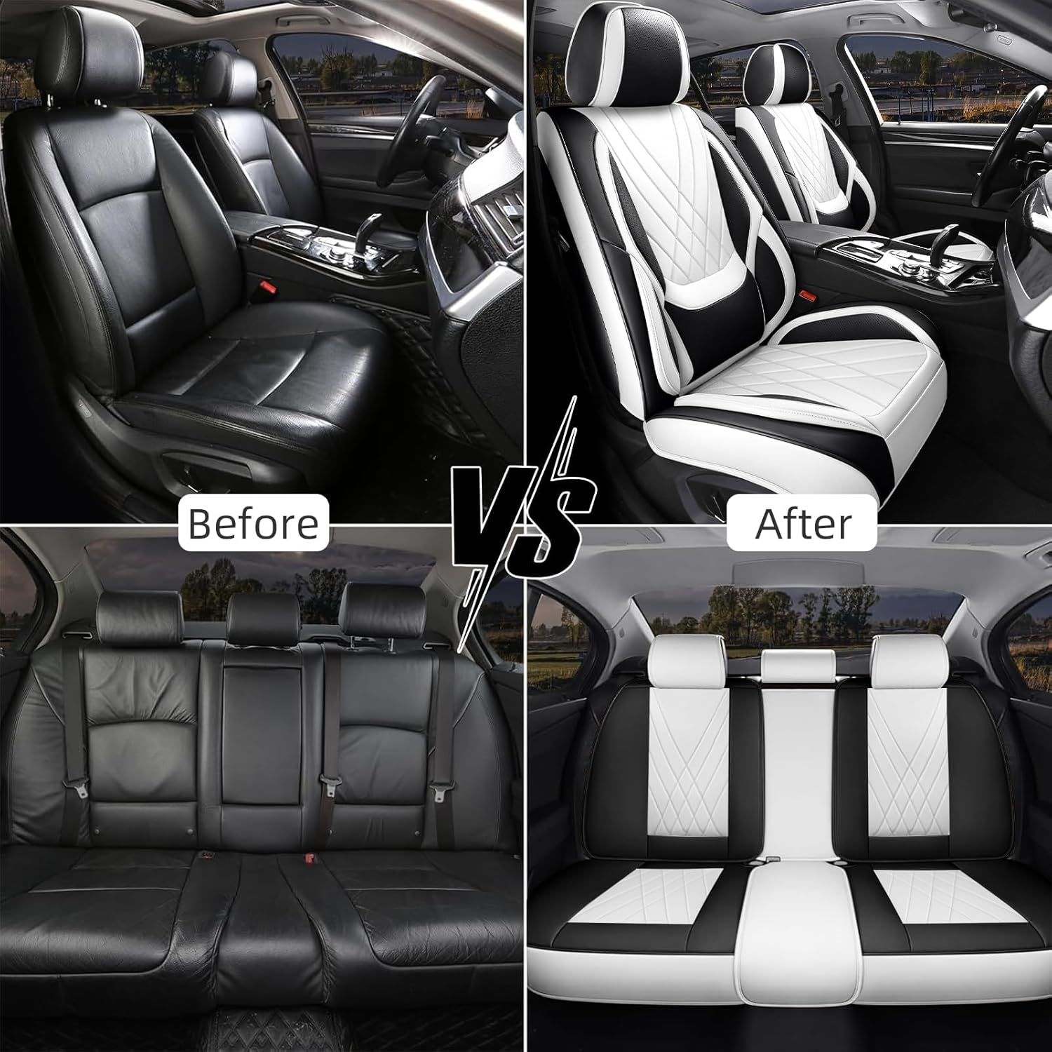 Black White Car Seat Covers Full Set, Luxury Faux Leather Car Seat Covers, Waterproof Non-Slip Seat Protector Universal Fit for Most Cars SUVs Trucks Pick-ups