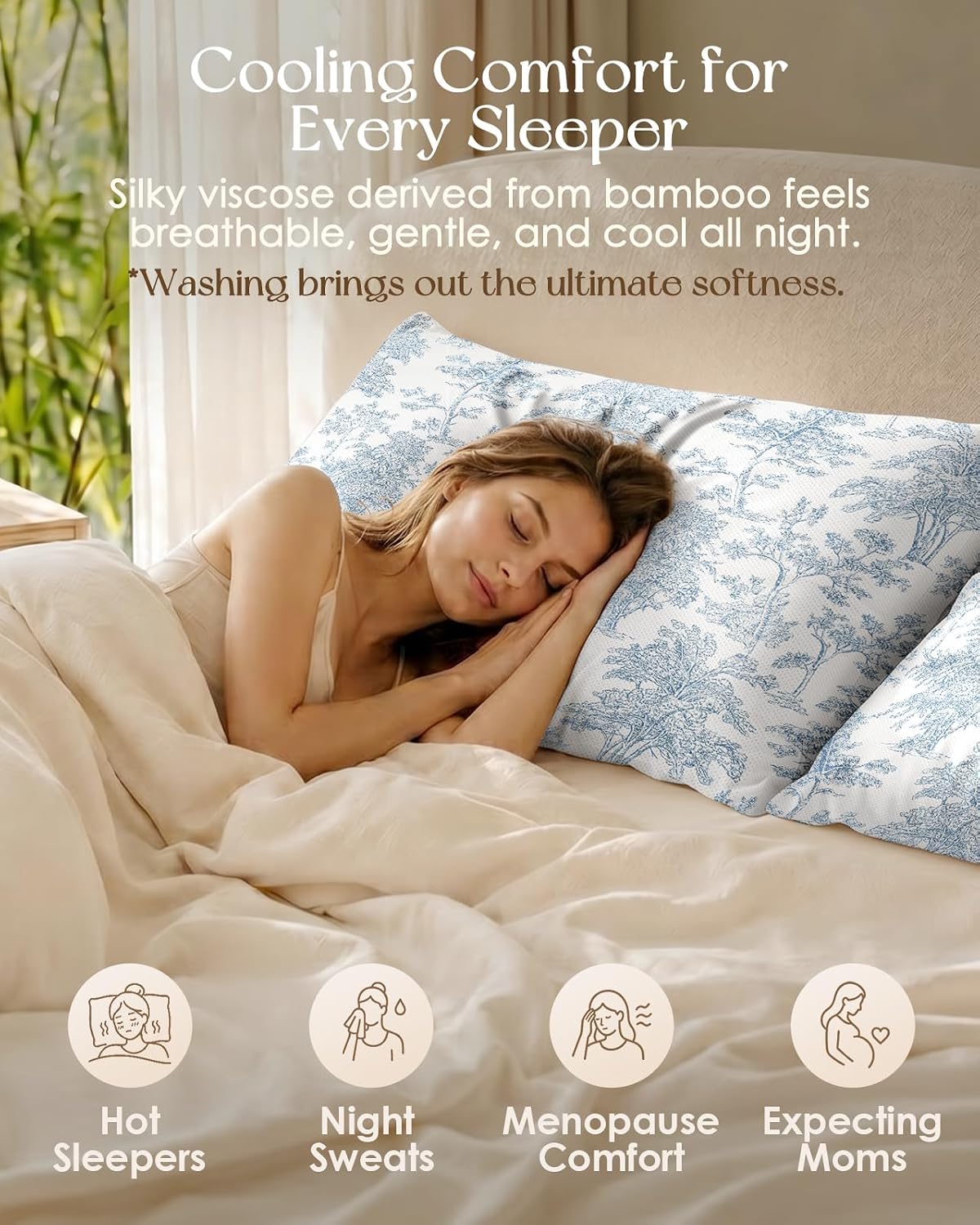 2Pc 100% Viscose Derived from Bamboo Pillowcases, Blue Forest | Cooling, 20x26 Inch, Standard Size, Farmhouse, Decorative, Breathable Pillow Covers, Textured Woven, Envelope Closure