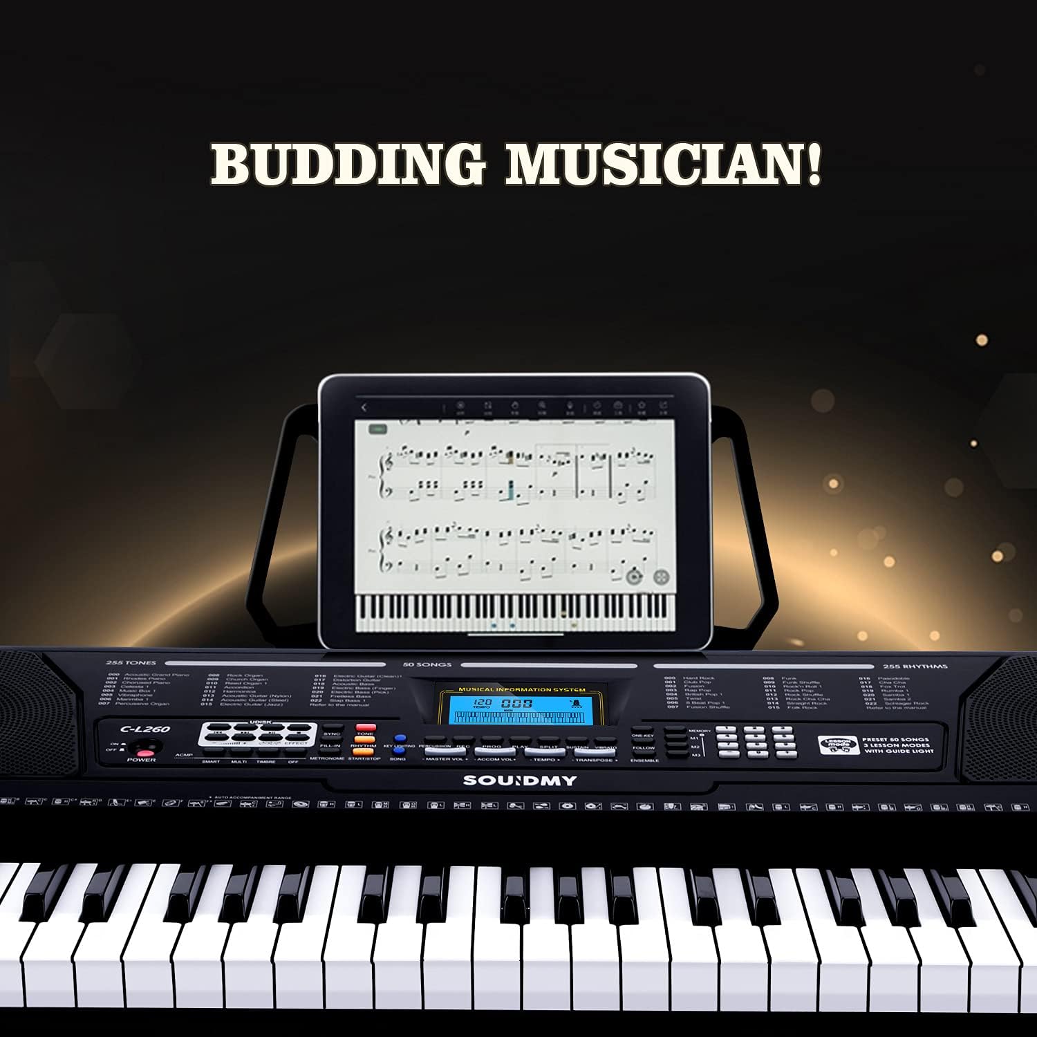 Close-up of the SOUIDMY C-L260 keyboard's control panel and LCD display, with a tablet stand holding a tablet displaying sheet music.