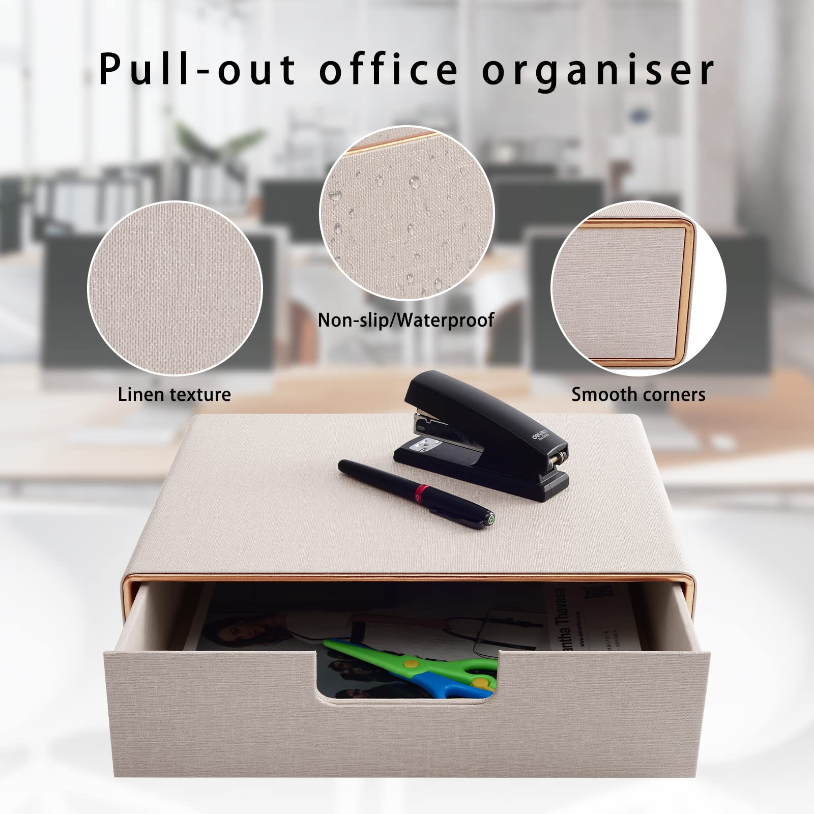 Organizer da scrivania con 1 cassetto, in pelle PU, per accessori da scrivania e spazio di lavoro, formato A4, multifunzione, per riporre lettere, documenti, posta, file (beige)