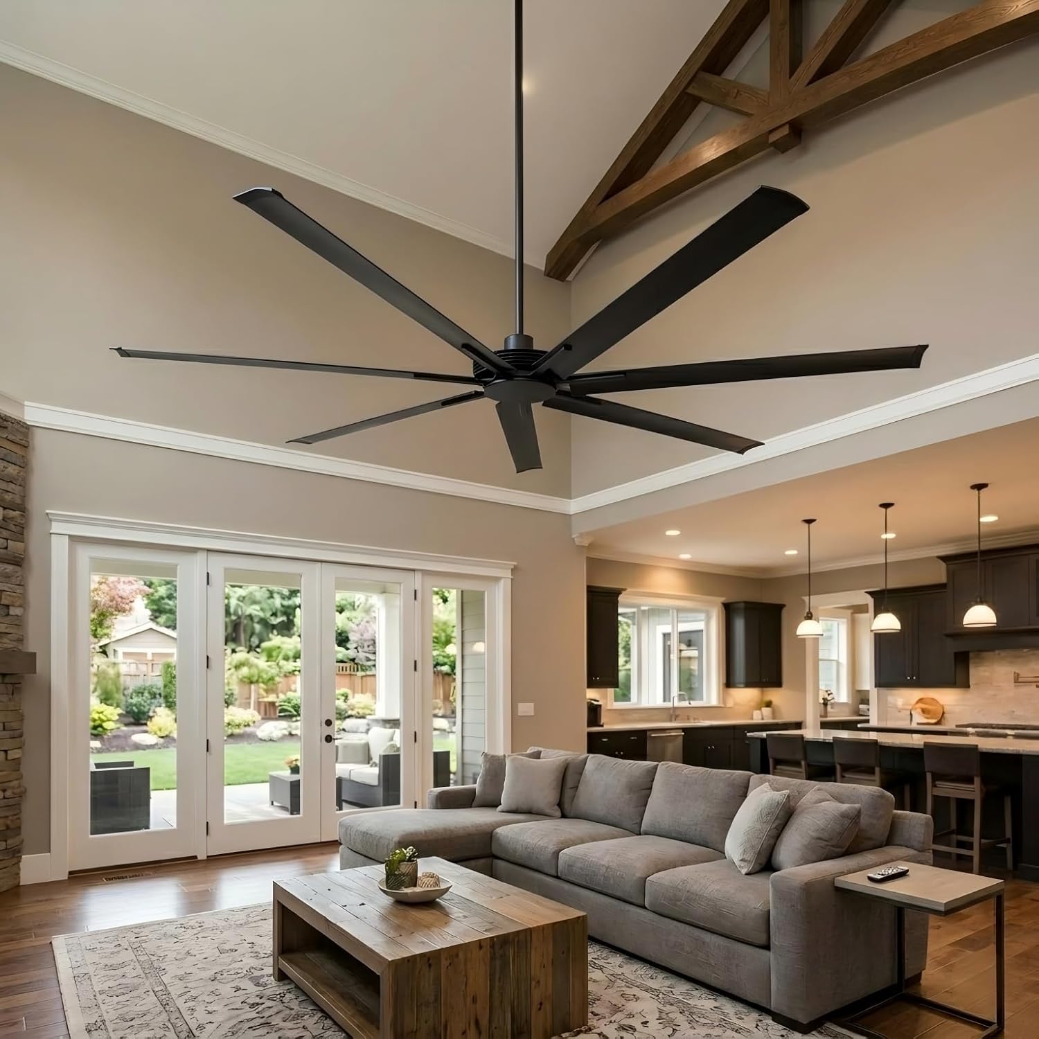 120 Inch Ceiling Fans without Lights, Large Industrial Commercial Shop Fan for Garage Living Room, Outdoor Ceiling Fans for Patios, Remote Control, 7 Aluminum Blades, 6-Speed Quiet DC Motor, Black