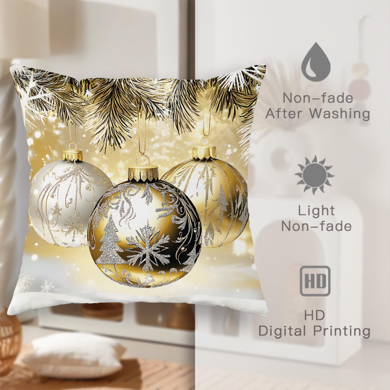 Christmas Pillow Covers Set of 4, Gold Silver Holiday Decorative Throw Pillows Case, Winter Festive Square Home Decor Cushion Covers for Sofa Bed Couch 18x18 Inch