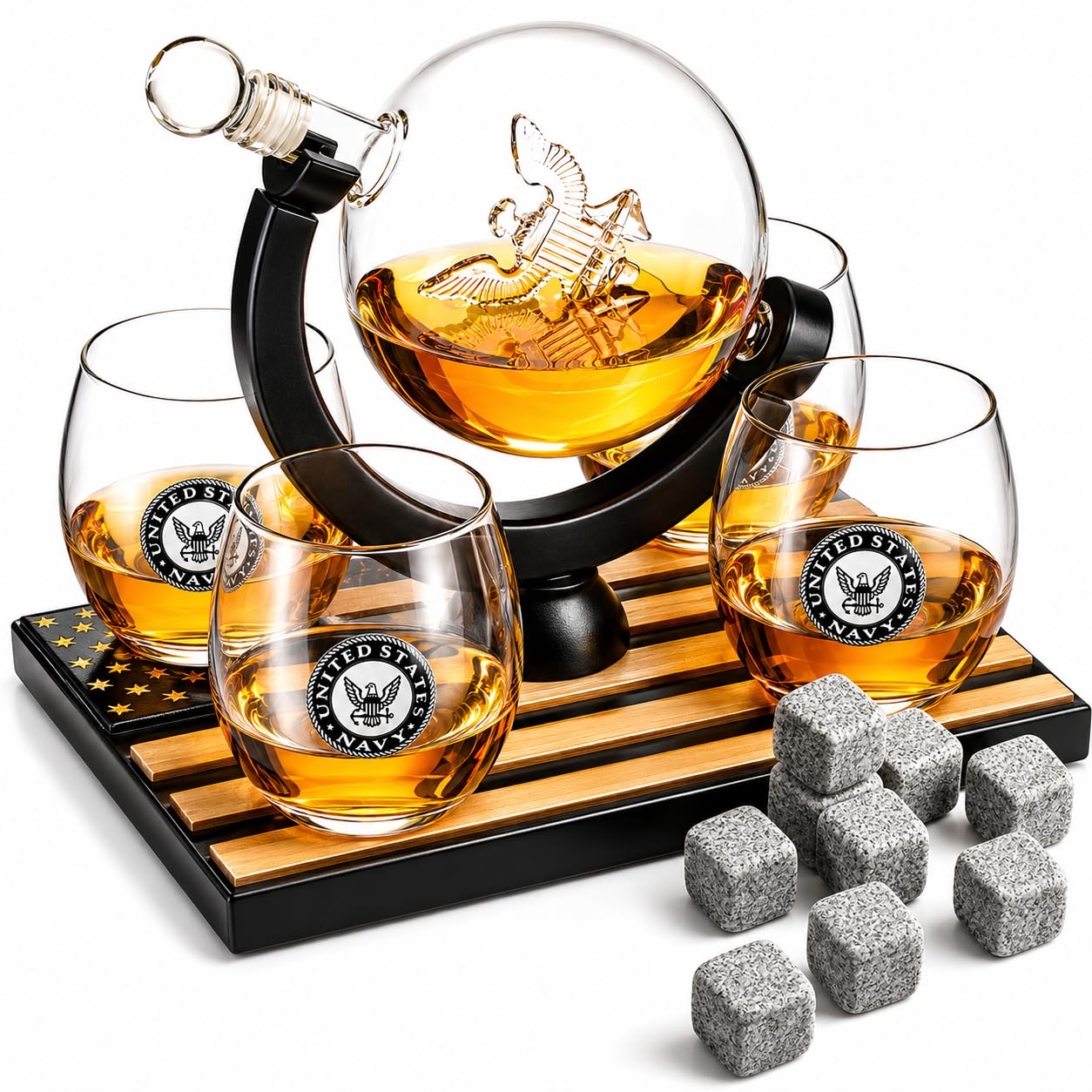 U.S. Navy Globe Whiskey Decanter Set with 4 Liquor Glasses - Veteran Gift Set with Wood Base and 9 Whiskey Stones - Present for Men, U.S.A Flag - Bourbon and Scotch Military