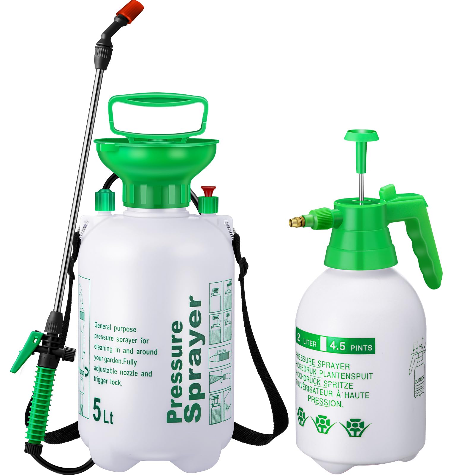 Tioncy Paquete de 2 pulverizadores de presión de bomba de 1.35 galones y pulverizador de bomba de jardín de mano de 0.53 galones con boquilla de latón ajustable, botella de pulverización de agua para