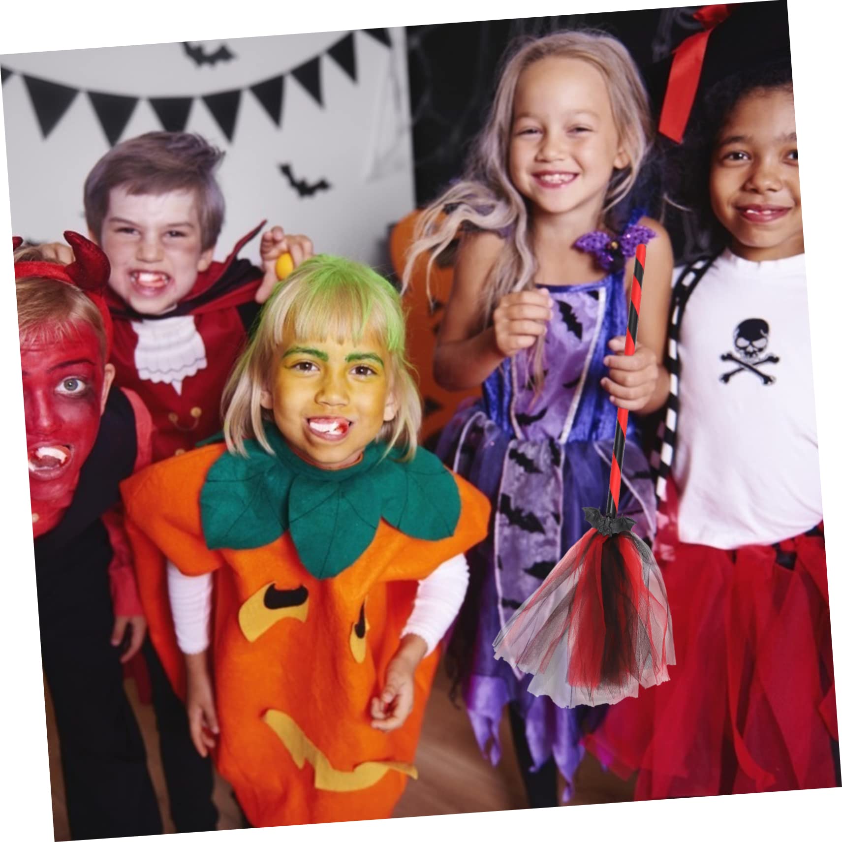 KOMBIUDA 1pc Bat Mesh Broom Halloween Costumes Halloween Witch Broomstick Decoration Halloween Witch Decorations Decor Halloween Broom Handmade Mane Broomstick Broom Plastic Red