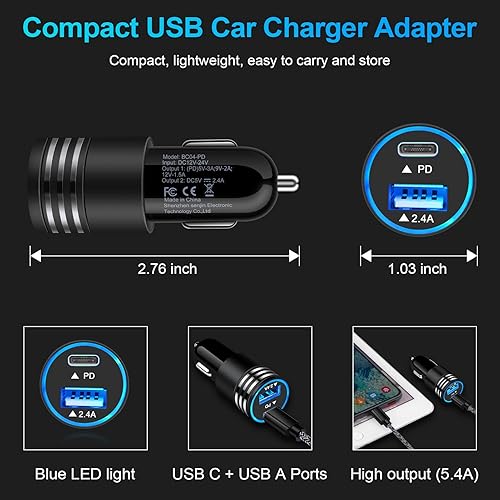 Miniatura 5 de Cargador de coche USB C de 30 W, PD 3.0 y 2.4 A, adaptador de carga rápida de doble puerto, 12 V, salida USB, encendedor de cigarrillos, enchufe