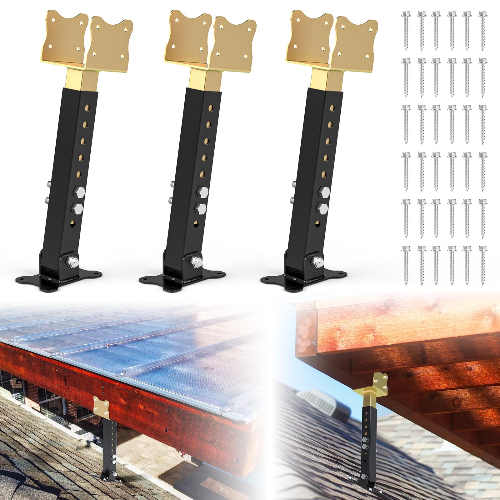 Photo 1 of Roof Riser Brackets Kit for Patio Pergola Adjustable Saddle Steel Roof Riser Heavy Duty Pergola Roof Beam Mount Brackets for Roof Patio (3 Pack, Black Gold)