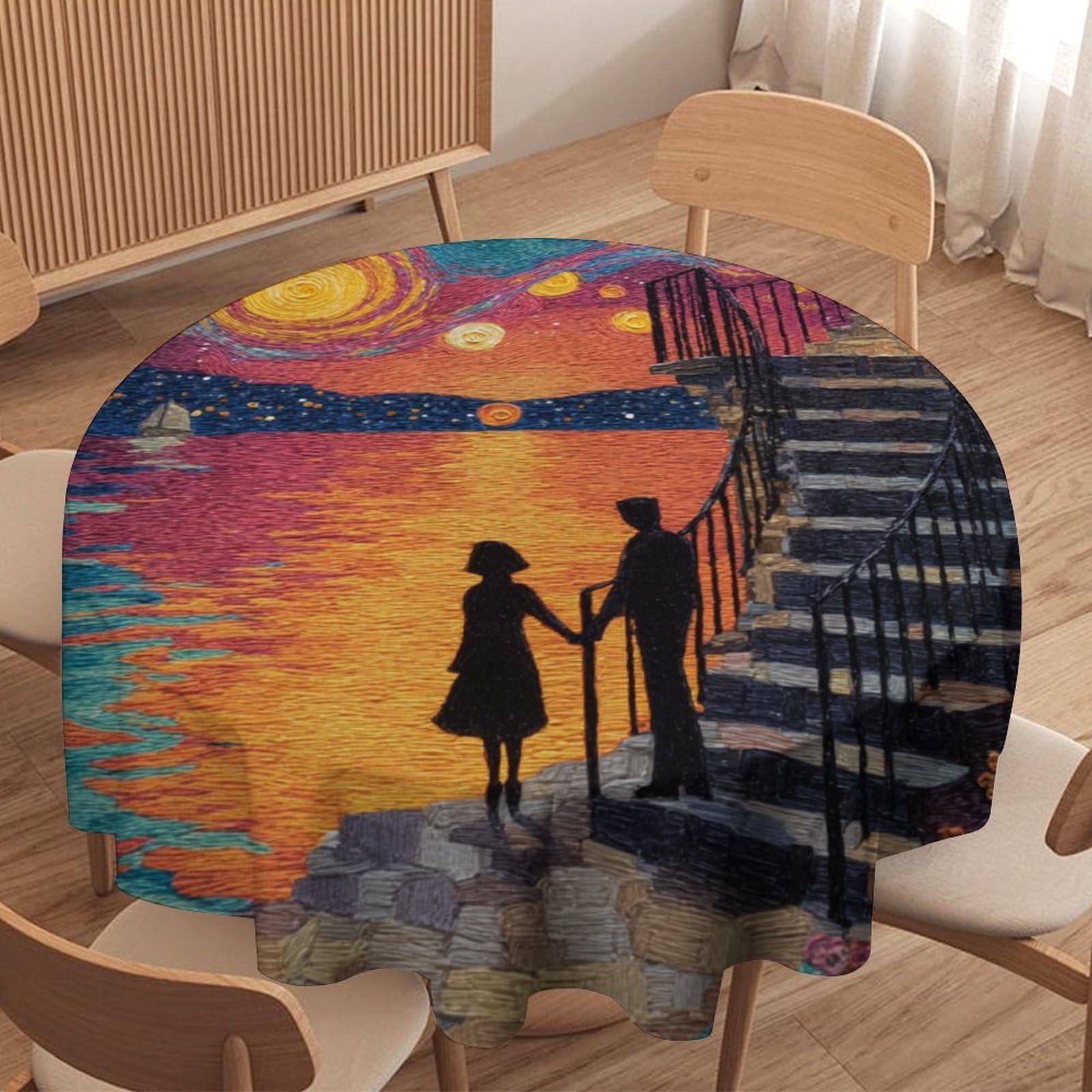 LUYYSKY Romantic Classic Starry Night Waterproof Round Tablecloth Modern Art Galaxy Sky Nebula Romantic Couple Washable Table Cover for Kitchen-152.4" Wx152.4 L cm